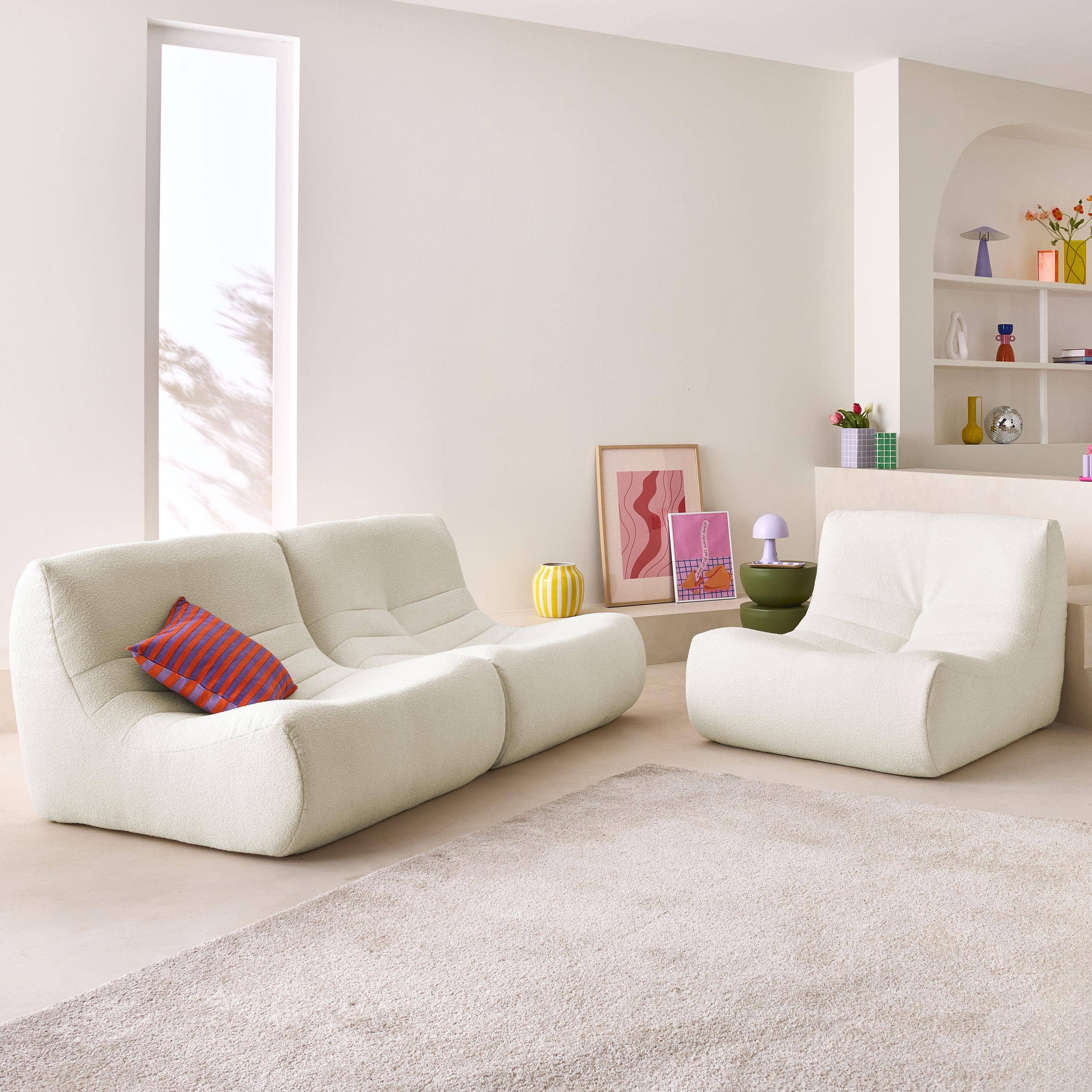 Lot de 3 fauteuils chauffeuses en bouclette texturée blanc style contemporain 1 place,sweeek,Photo2