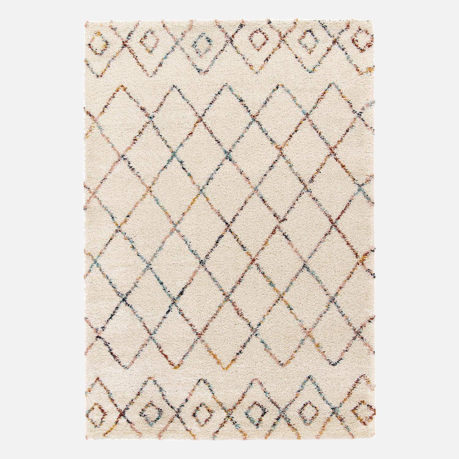 Tapis intérieur shaggy 200 x 290cm poils longs, style berbère, crème et multicolore ,sweeek,Photo1