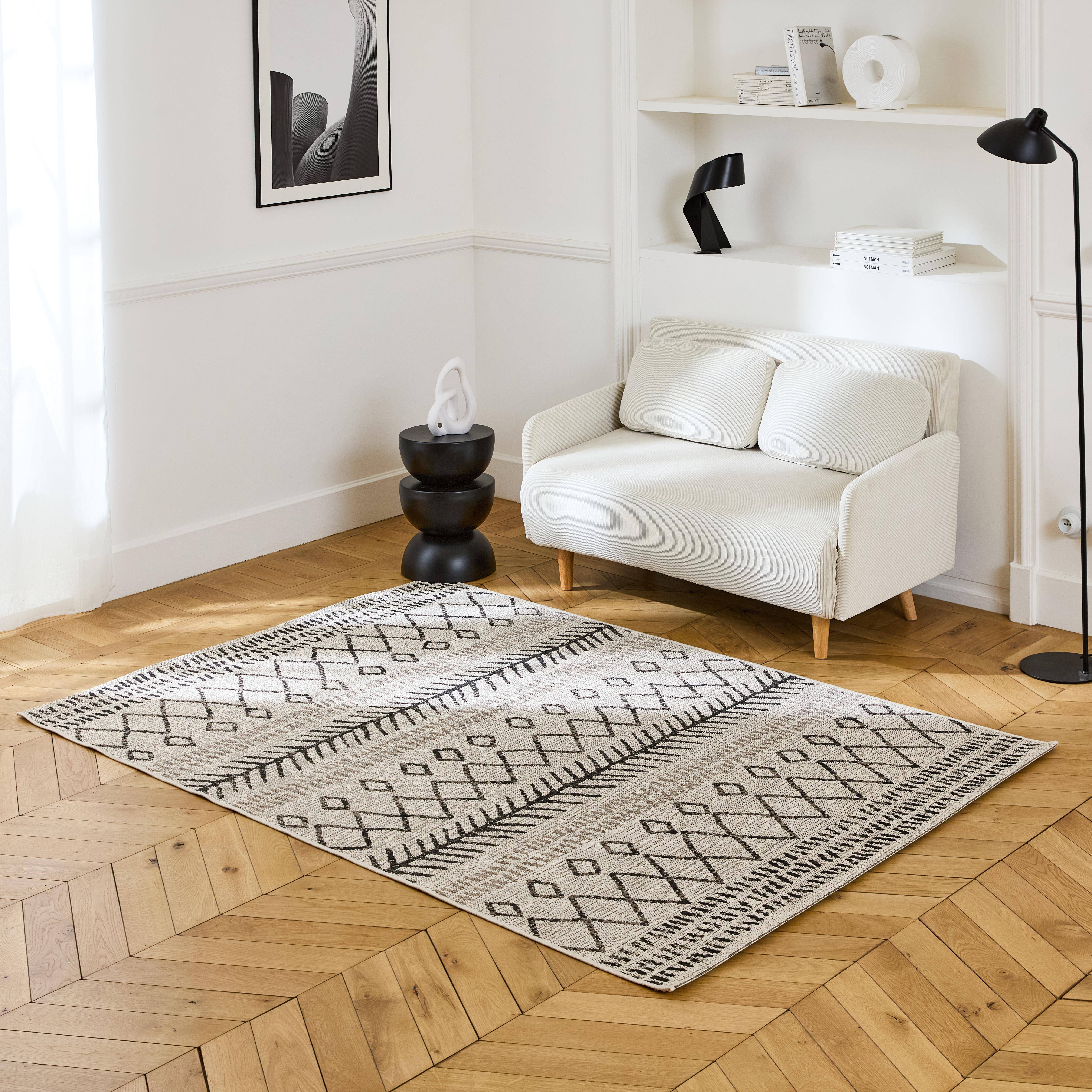 Tapis intérieur/extérieur style berbère, tissé plat, crème et noir, 120 x 170 cm Photo1