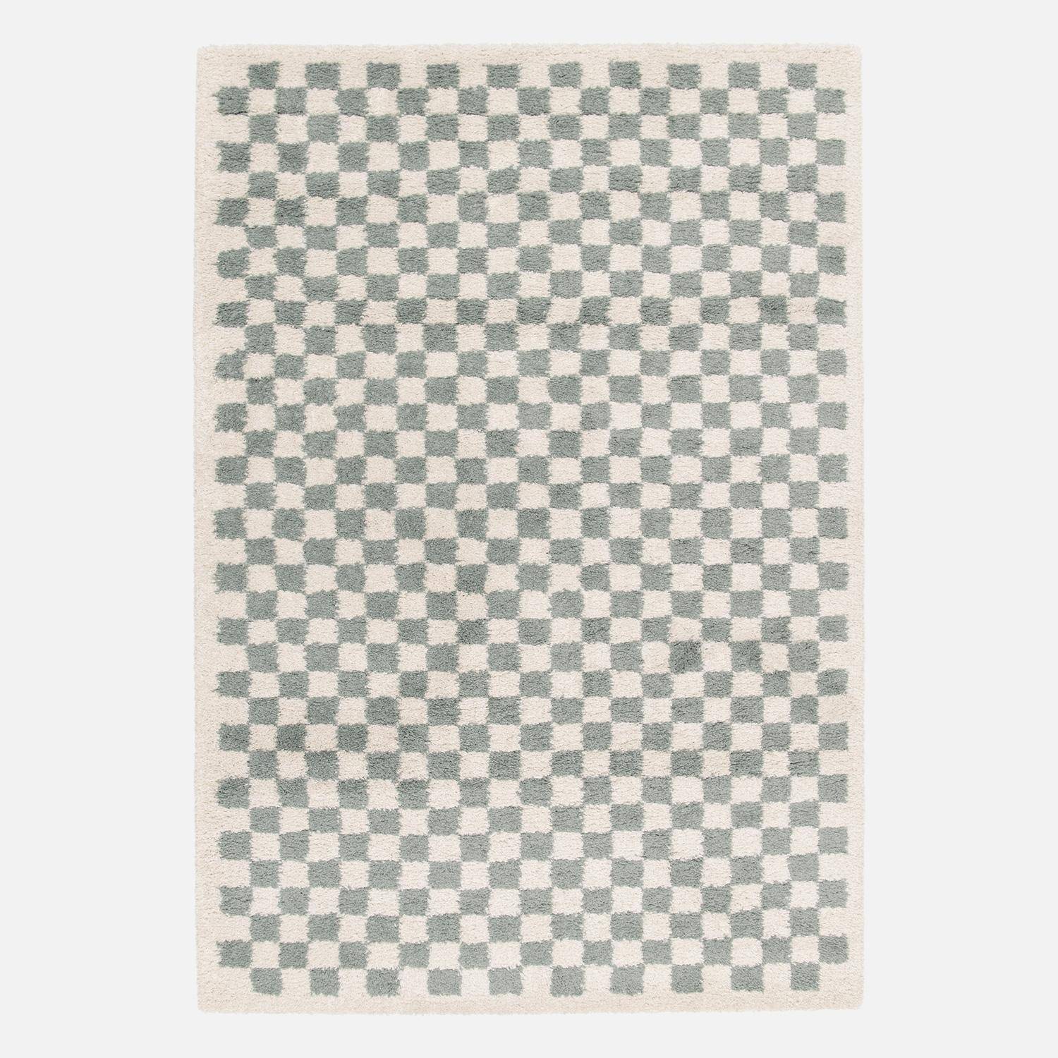 Tapis intérieur shaggy poils longs 120x170cm damier bleu clair et crème  Photo1