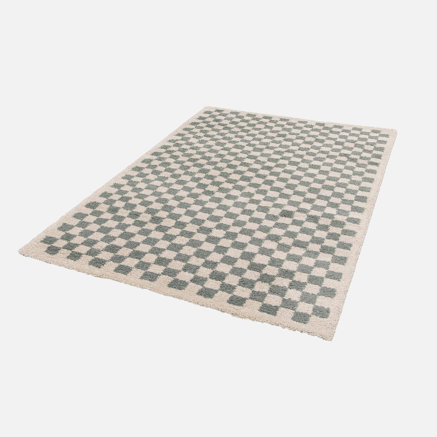 Tapis intérieur shaggy poils longs 120x170cm damier bleu clair et crème  Photo3