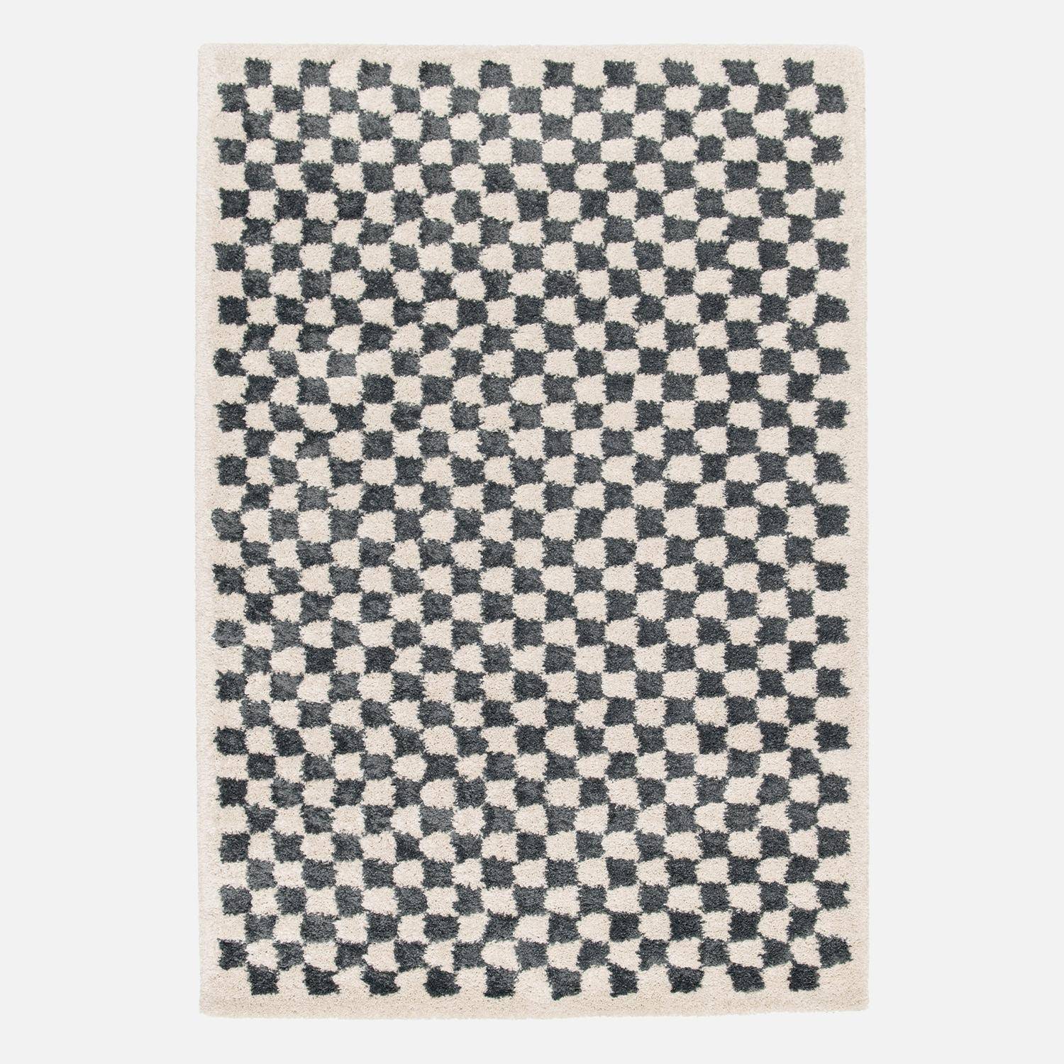 Tapis intérieur shaggy poils longs 120x170cm damier bleu foncé et crème  Photo3