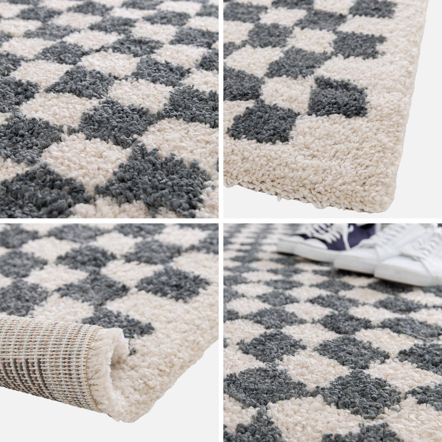 Tapis intérieur shaggy poils longs 120x170cm damier bleu foncé et crème  Photo4