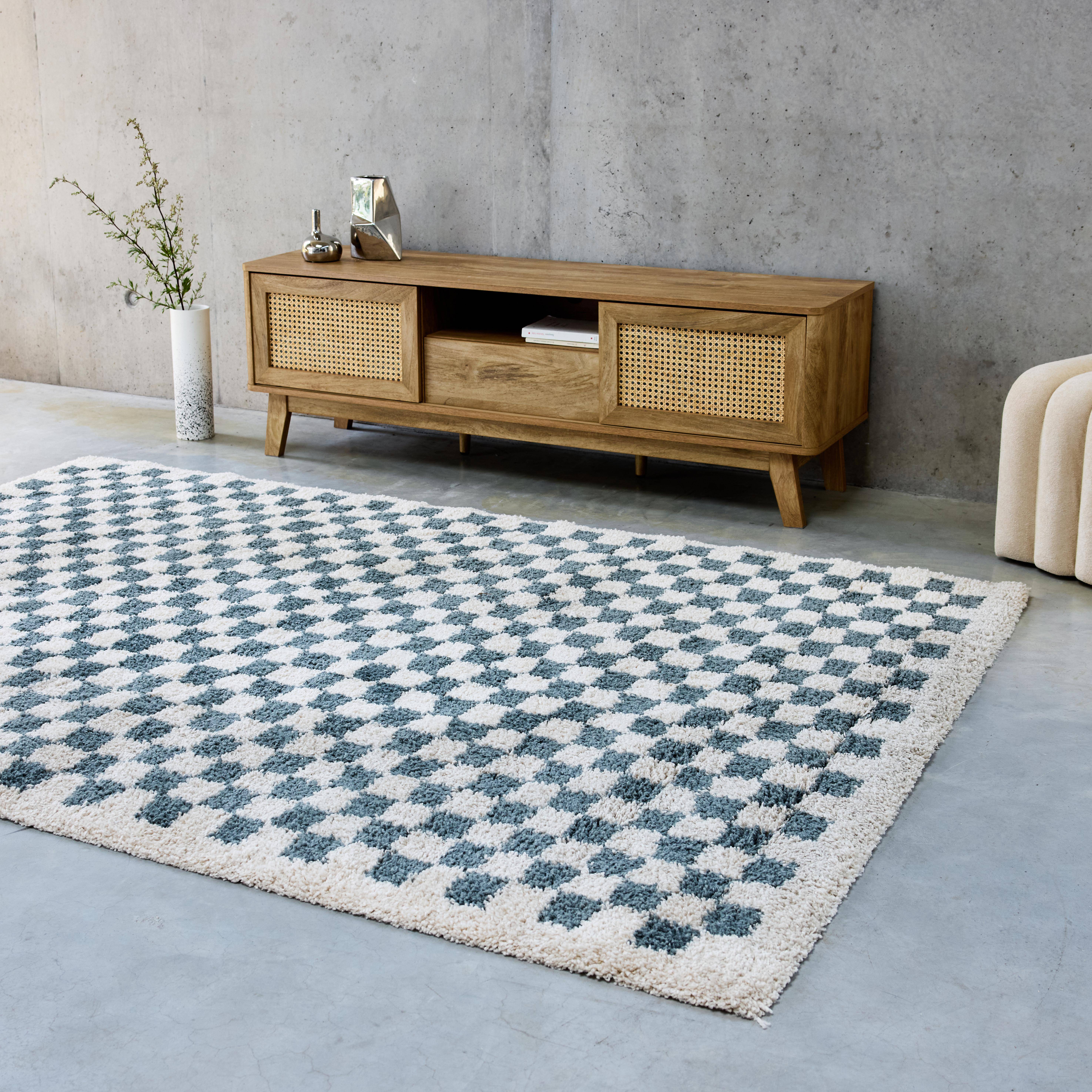 Tapis intérieur shaggy poils longs 120x170cm damier bleu foncé et crème  Photo1