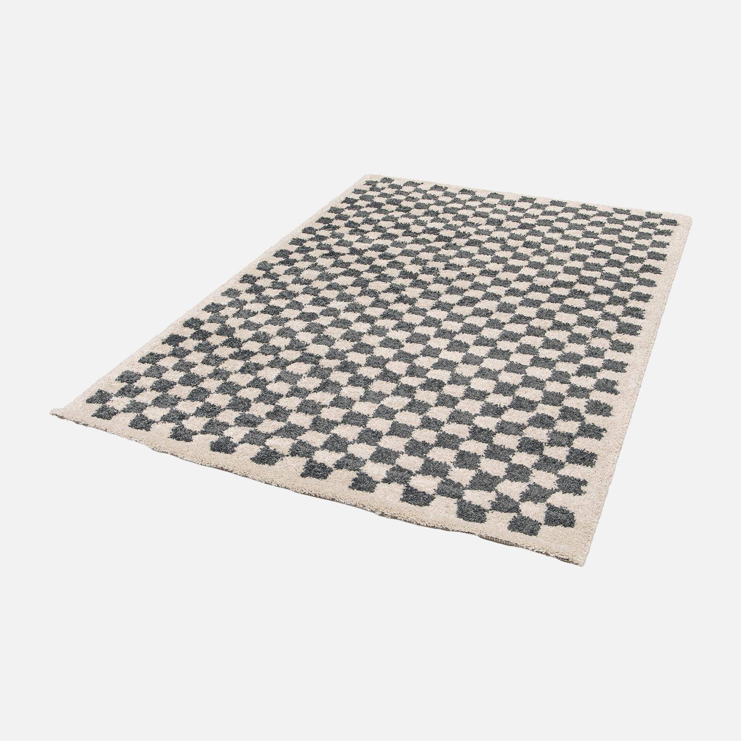 Tapis intérieur shaggy poils longs 120x170cm damier bleu foncé et crème  Photo5