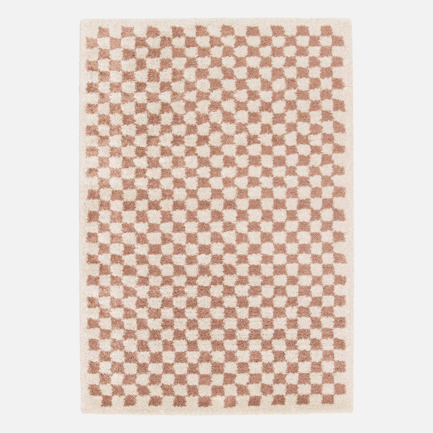 Tapis intérieur shaggy poils longs 120x170cm damier vieux rose et crème  Photo4