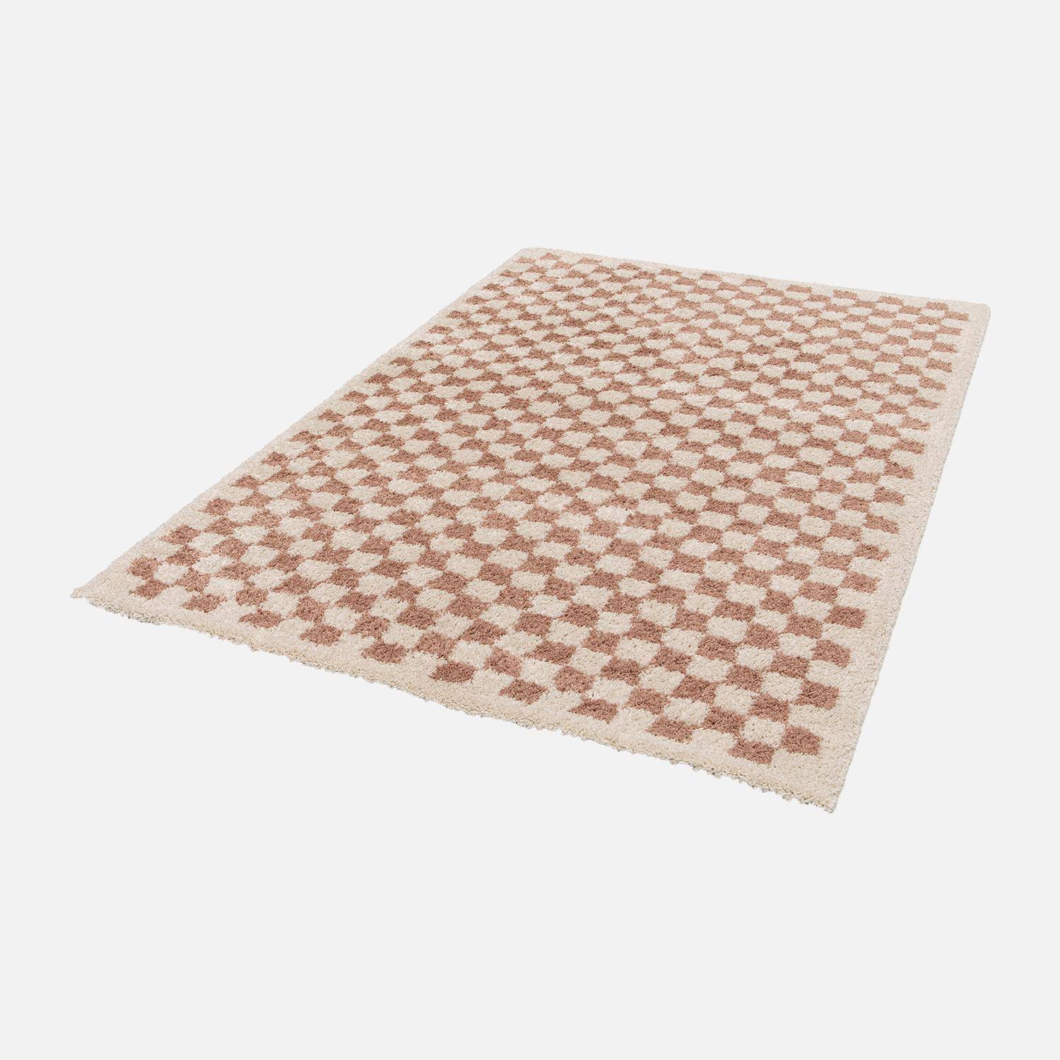 Tapis intérieur shaggy poils longs 120x170cm damier vieux rose et crème  Photo6