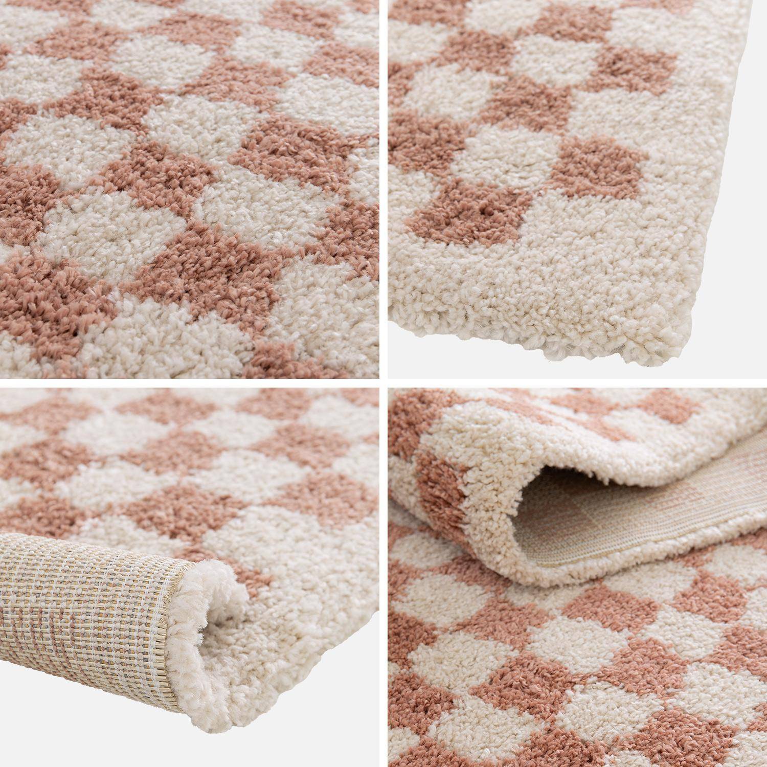 Tapis intérieur shaggy poils longs 120x170cm damier vieux rose et crème  Photo5