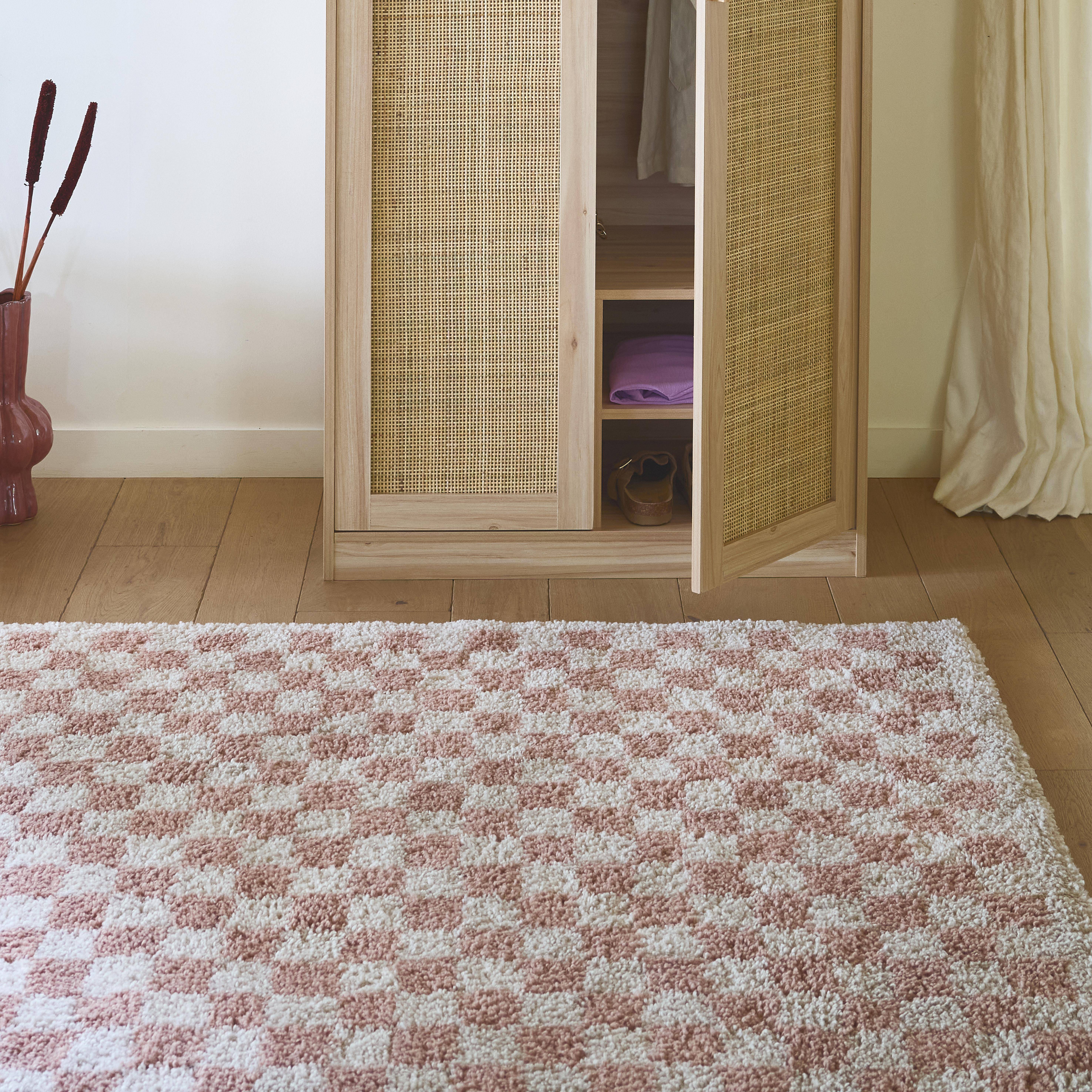 Tapis intérieur shaggy poils longs 120x170cm damier vieux rose et crème  Photo2