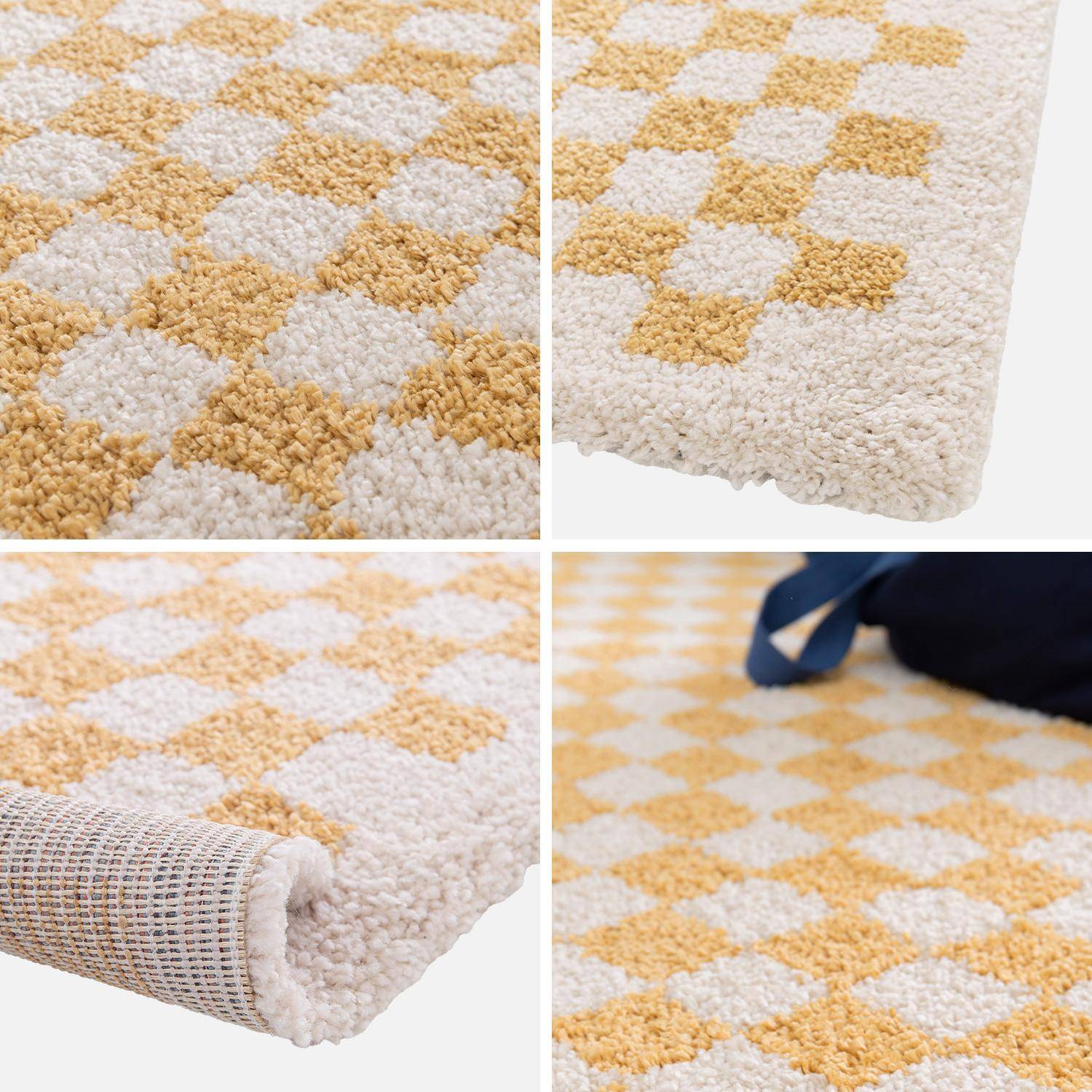 Tapis intérieur shaggy poils longs 120x170cm damier jaune moutarde et crème  Photo4