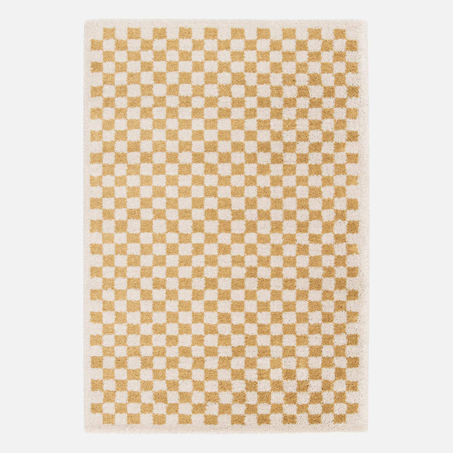 Tapis intérieur shaggy poils longs 120x170cm damier jaune moutarde et crème  Photo3