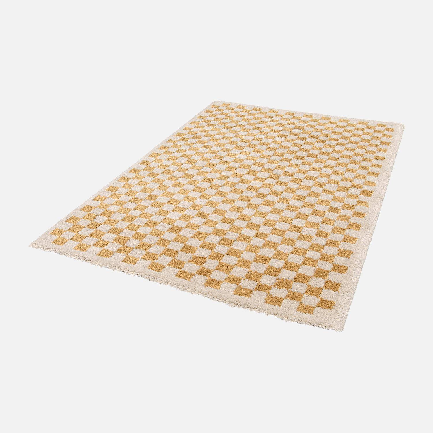 Tapis intérieur shaggy poils longs 120x170cm damier jaune moutarde et crème  Photo5