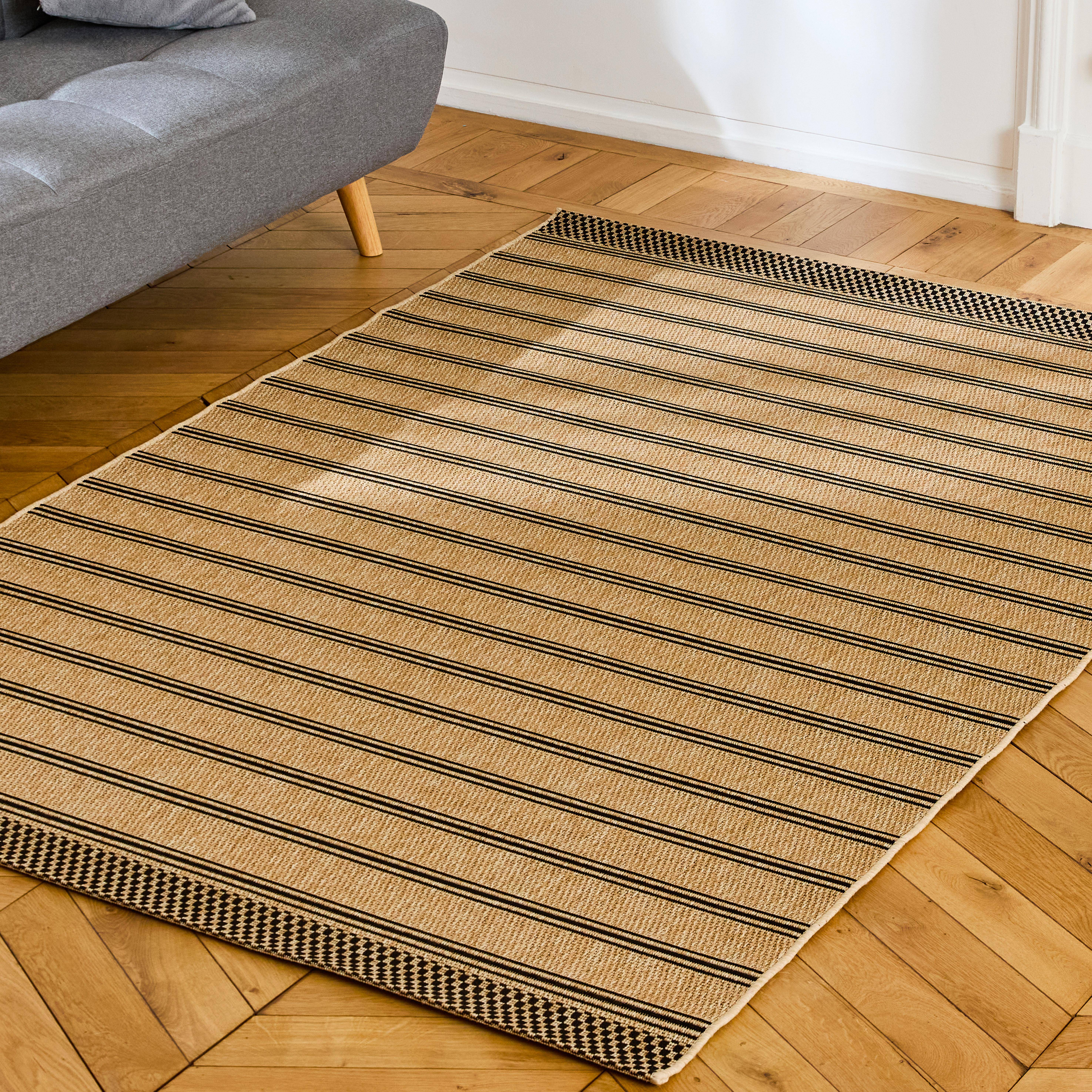 Alfombra interior/exterior beige con rayas negras sobre fondo efecto yute., Hilary, 230x160x1 cm Photo1
