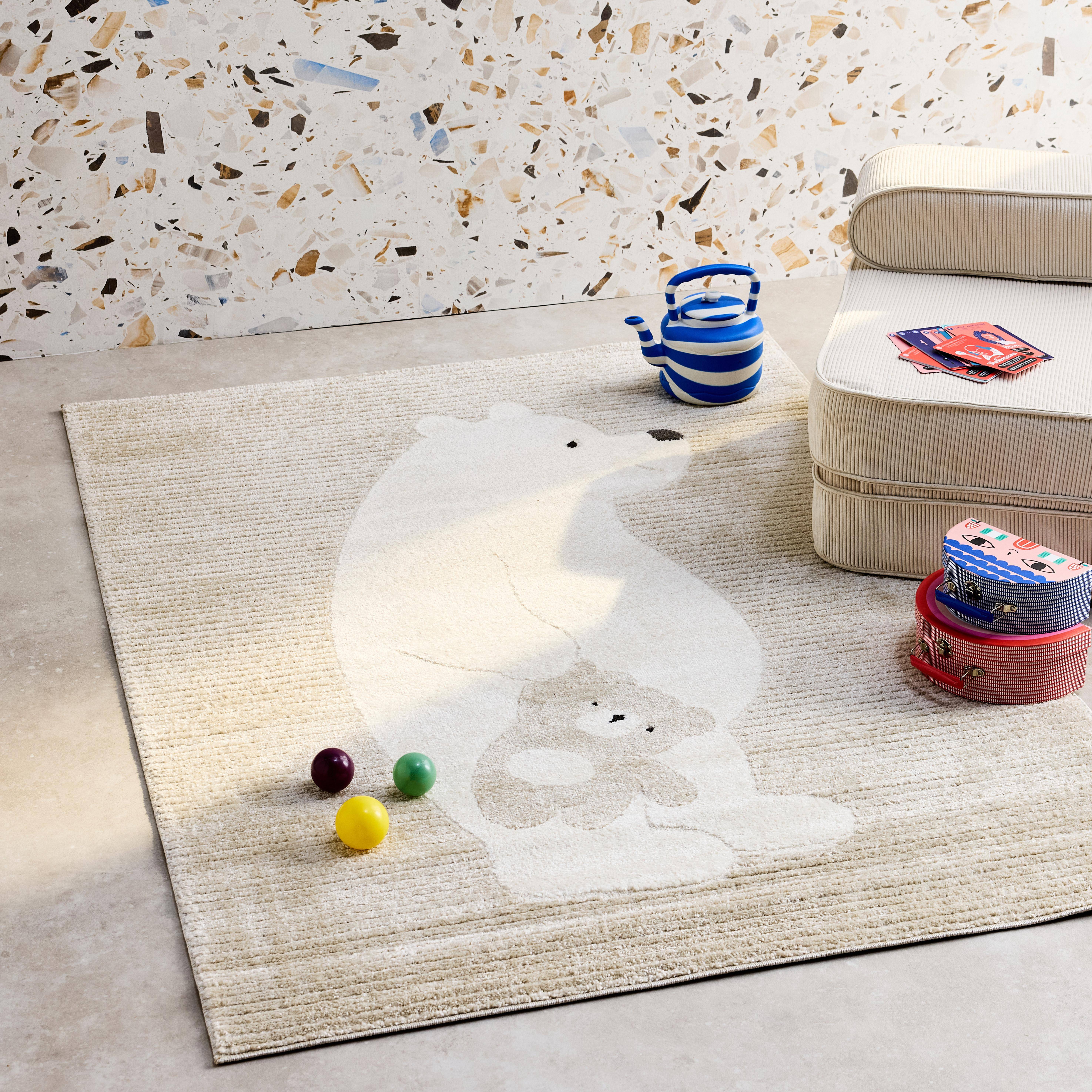 Tapis enfant beige / crème 80 x 150cm, tapis intérieur oursons, poils ras  Photo1