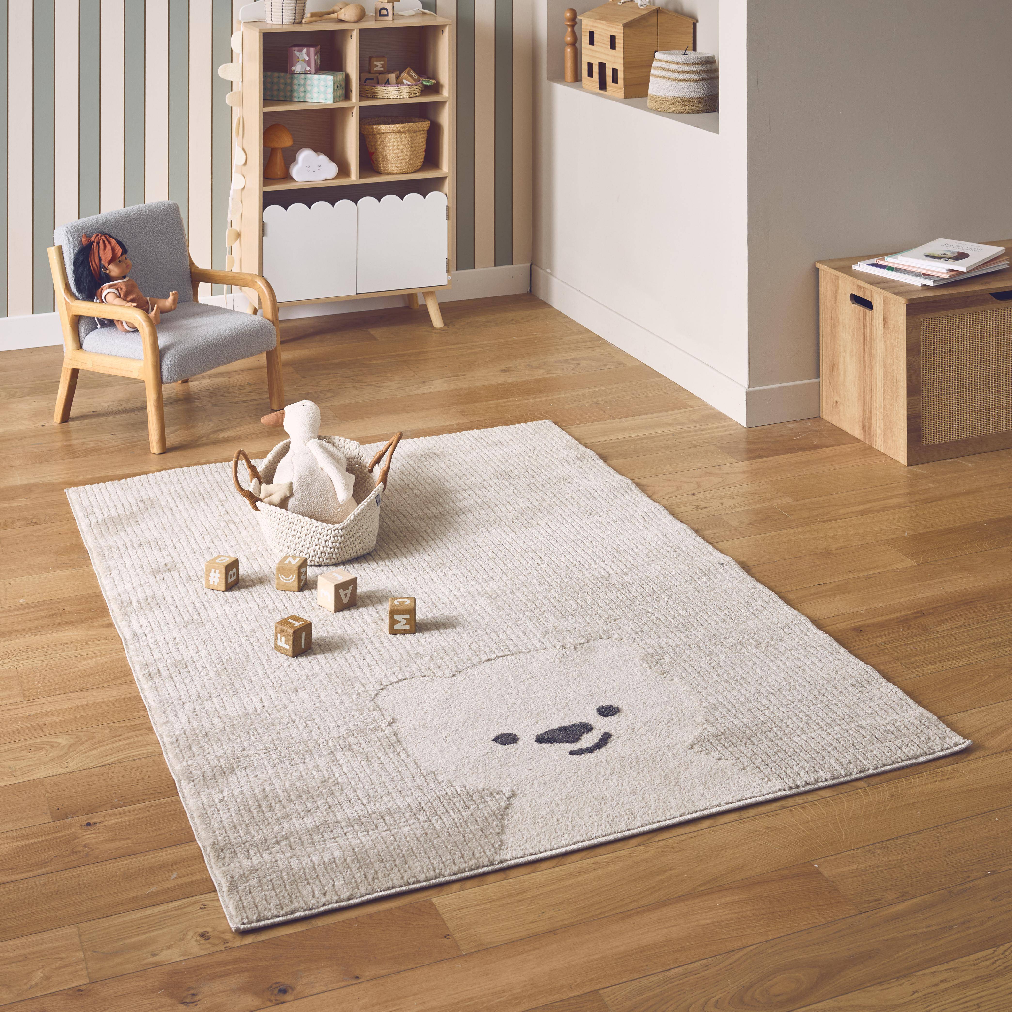 Tapis enfant 120 x 170cm Beige / Crème, petit ourson, poil ras, tapis frisé très doux  Photo1