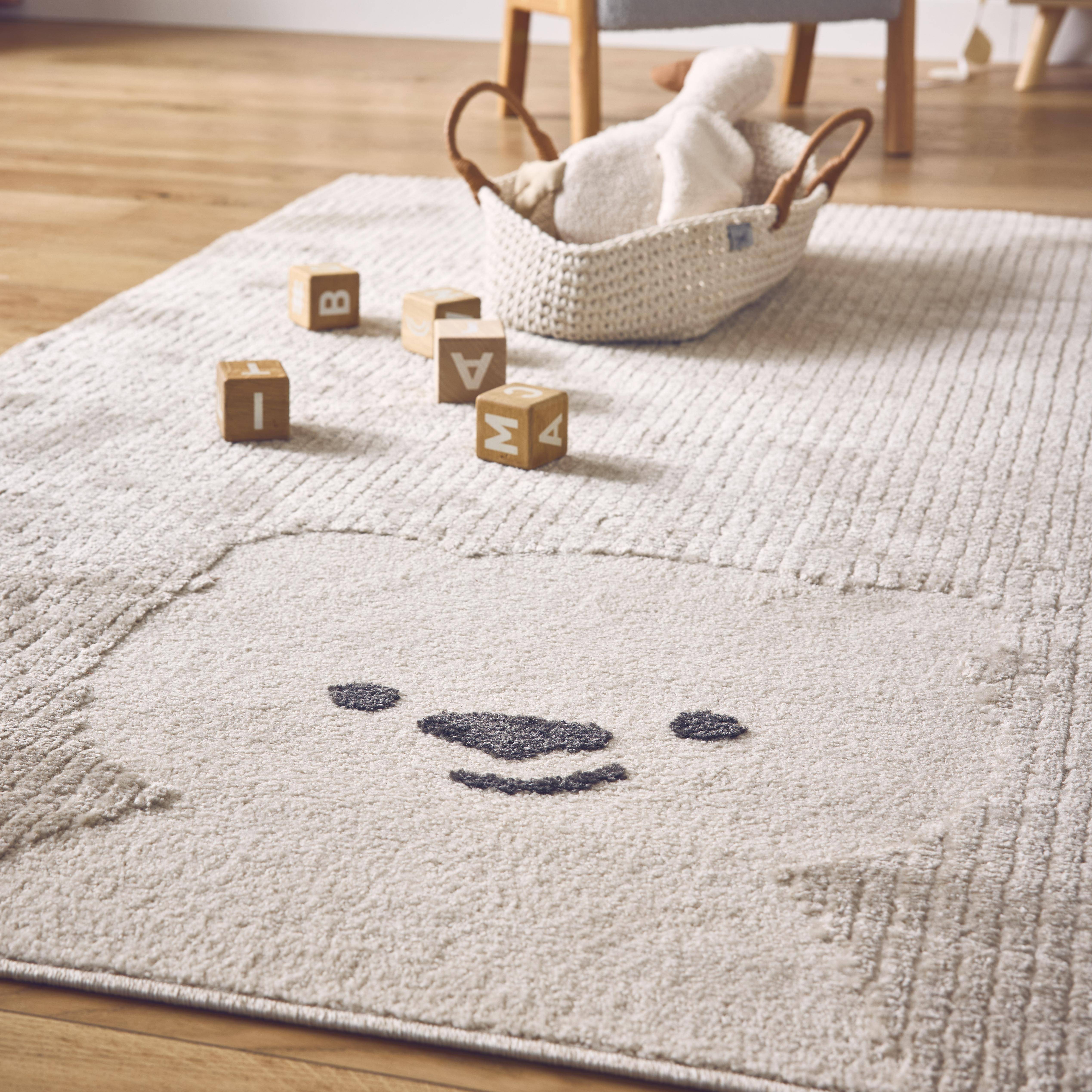 Tapis enfant 120 x 170cm Beige / Crème, petit ourson, poil ras, tapis frisé très doux  Photo2