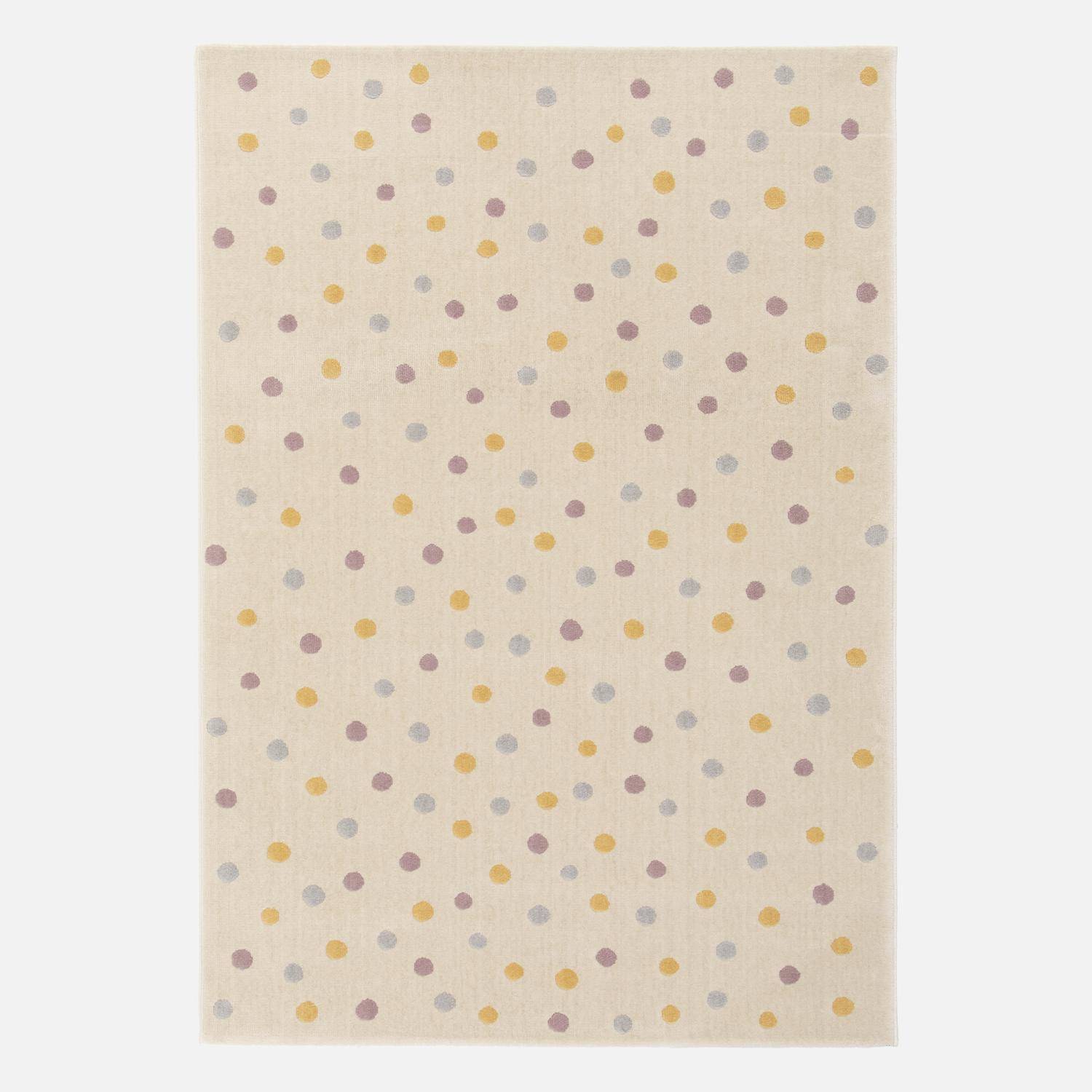 Tapis enfant à pois, crème, bleu, jaune et violet, poil ras  Photo1