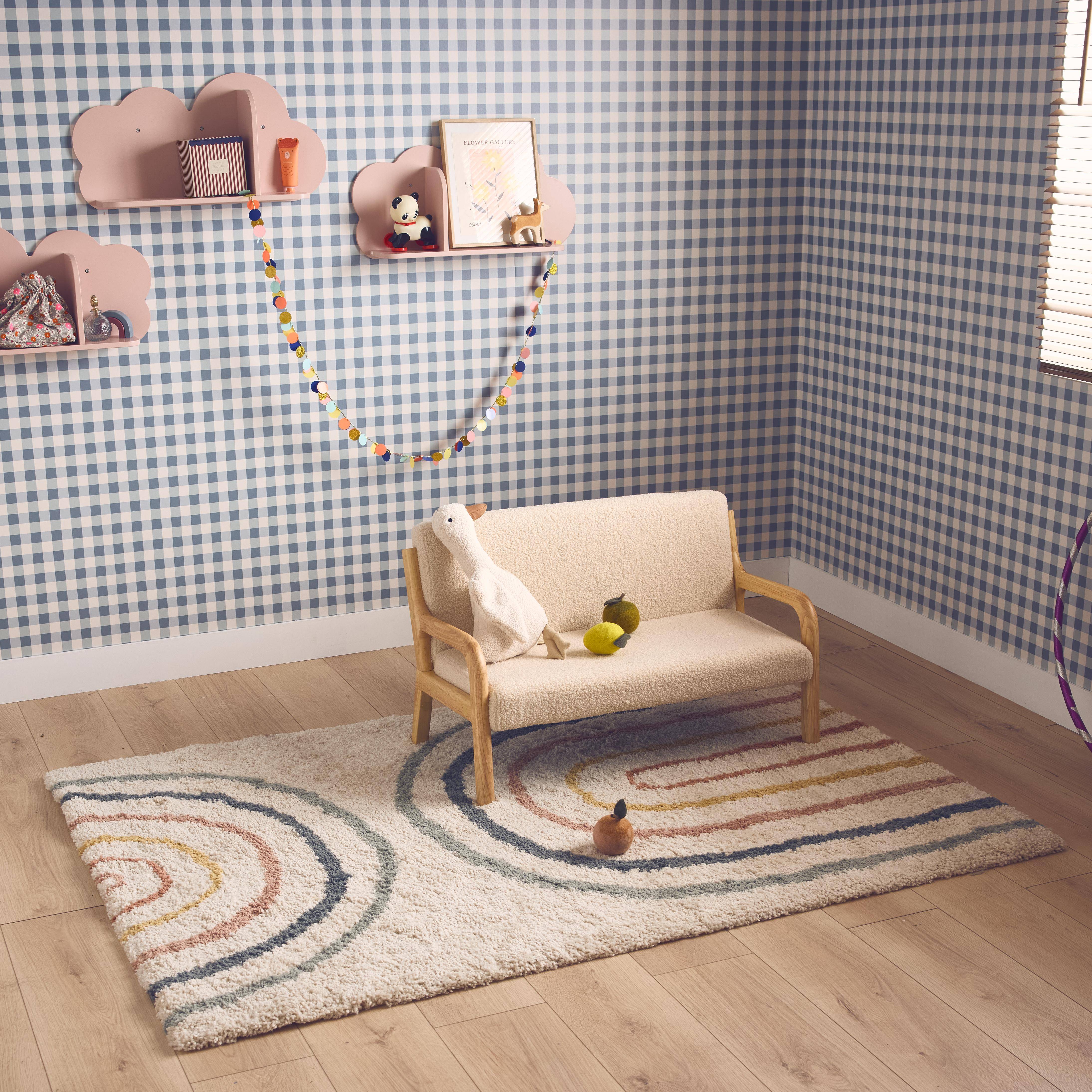 Tapis enfant arc-en-ciel 120x170cm, tapis intérieur crème et multicolore, poils longs shaggy  Photo1