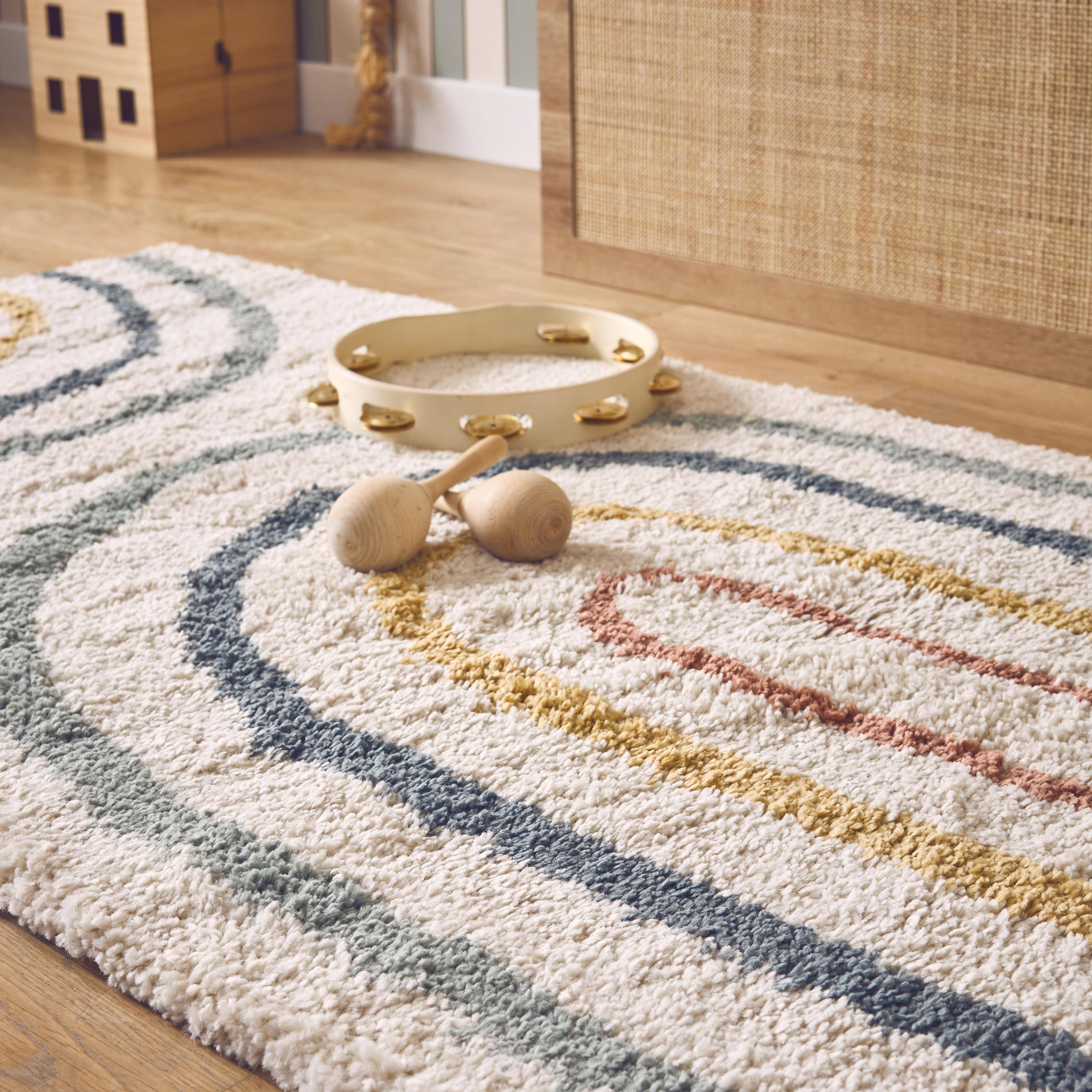 Tapis enfant arc-en-ciel 80x150cm, tapis intérieur crème et multicolore, poils longs shaggy  Photo3