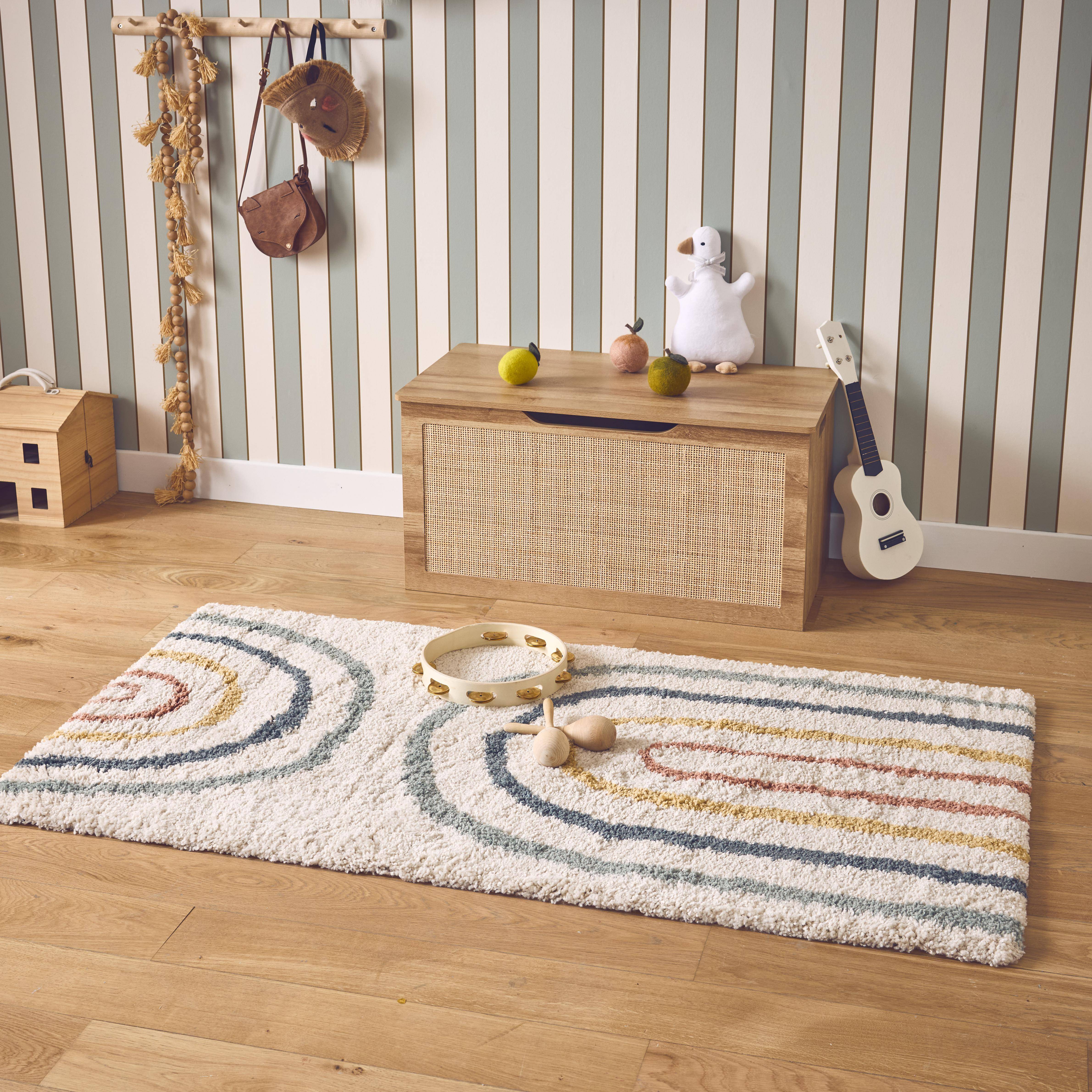 Tapis enfant arc-en-ciel 80x150cm, tapis intérieur crème et multicolore, poils longs shaggy  Photo1