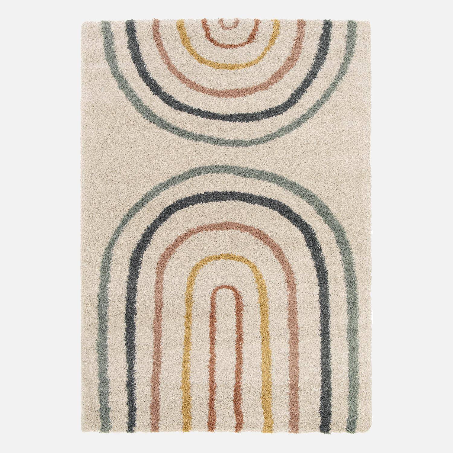 Tapis enfant arc-en-ciel 80x150cm, tapis intérieur crème et multicolore, poils longs shaggy  Photo1