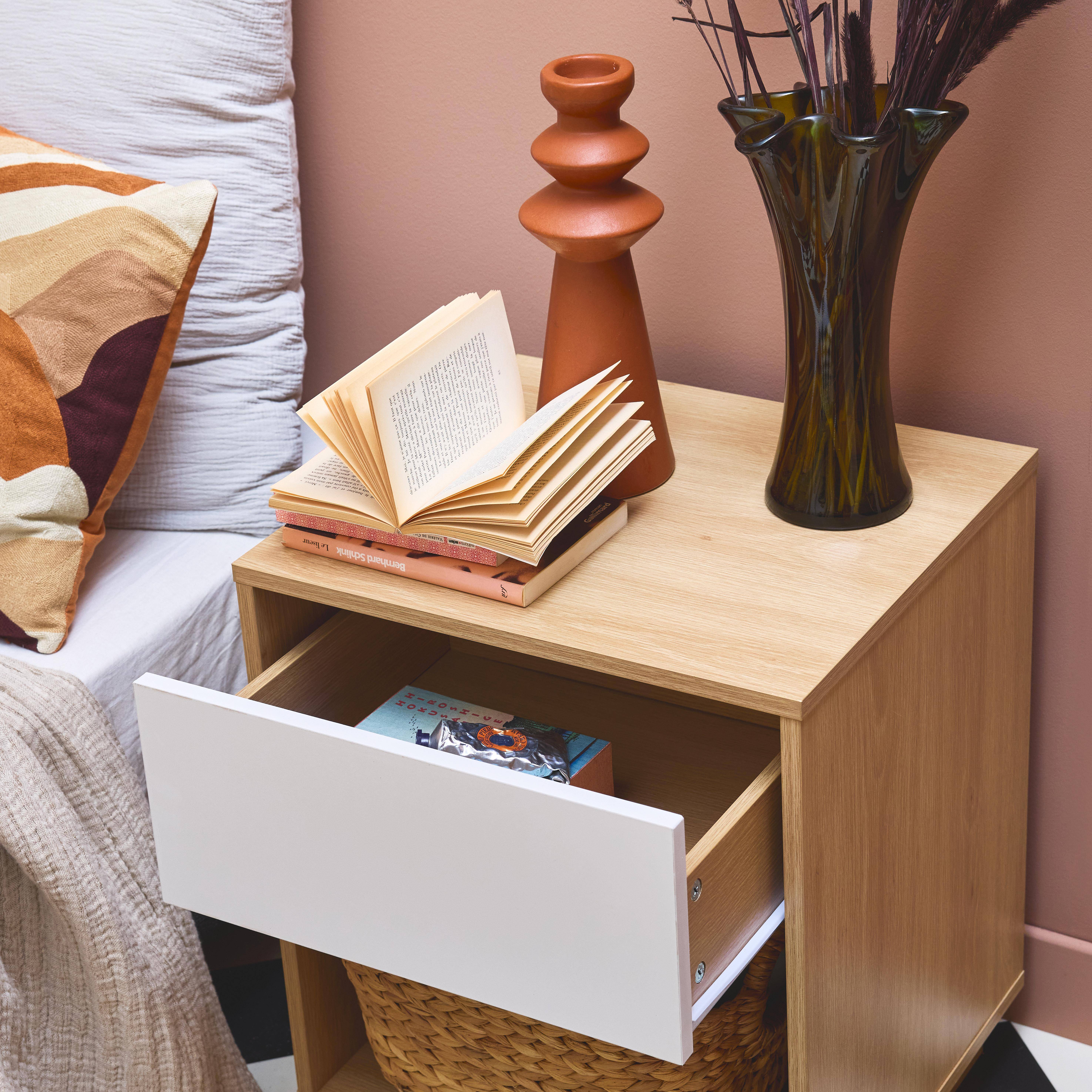 Table de chevet 1 tiroir 1 niche effet bois bicolore  Photo2