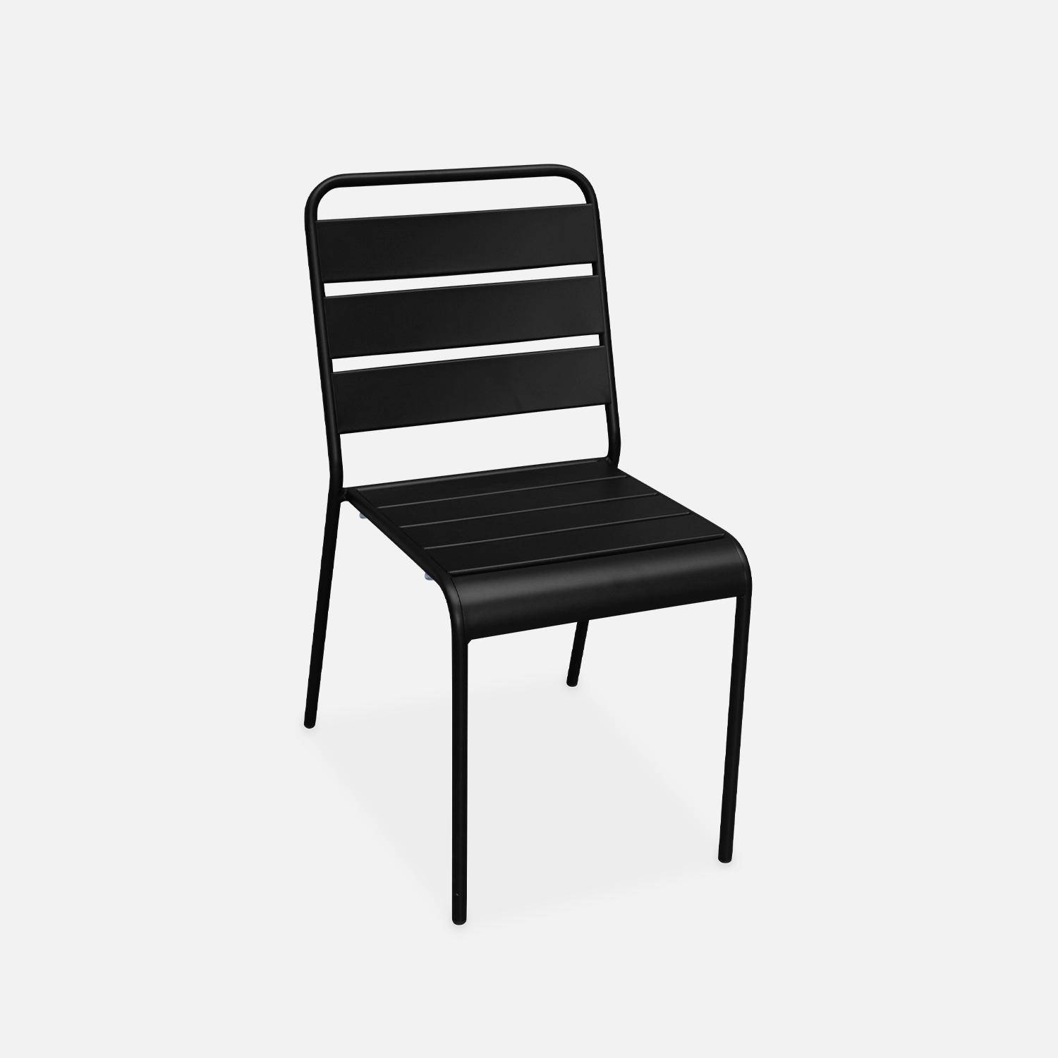 Table intérieur / extérieur bois d'acacia + banc 3 places + 3 chaises en métal noir Photo4