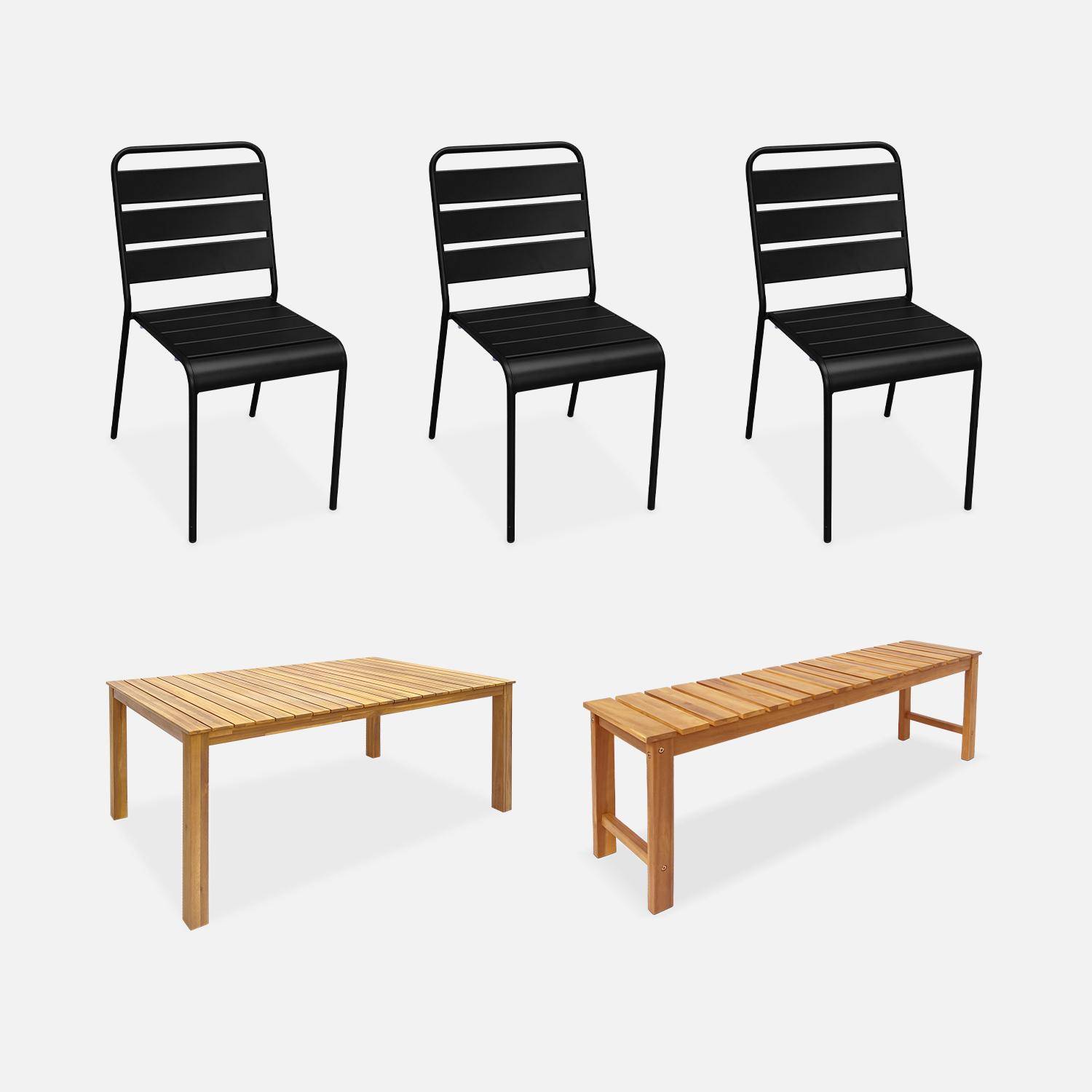Table intérieur / extérieur bois d'acacia + banc 3 places + 3 chaises en métal noir Photo1