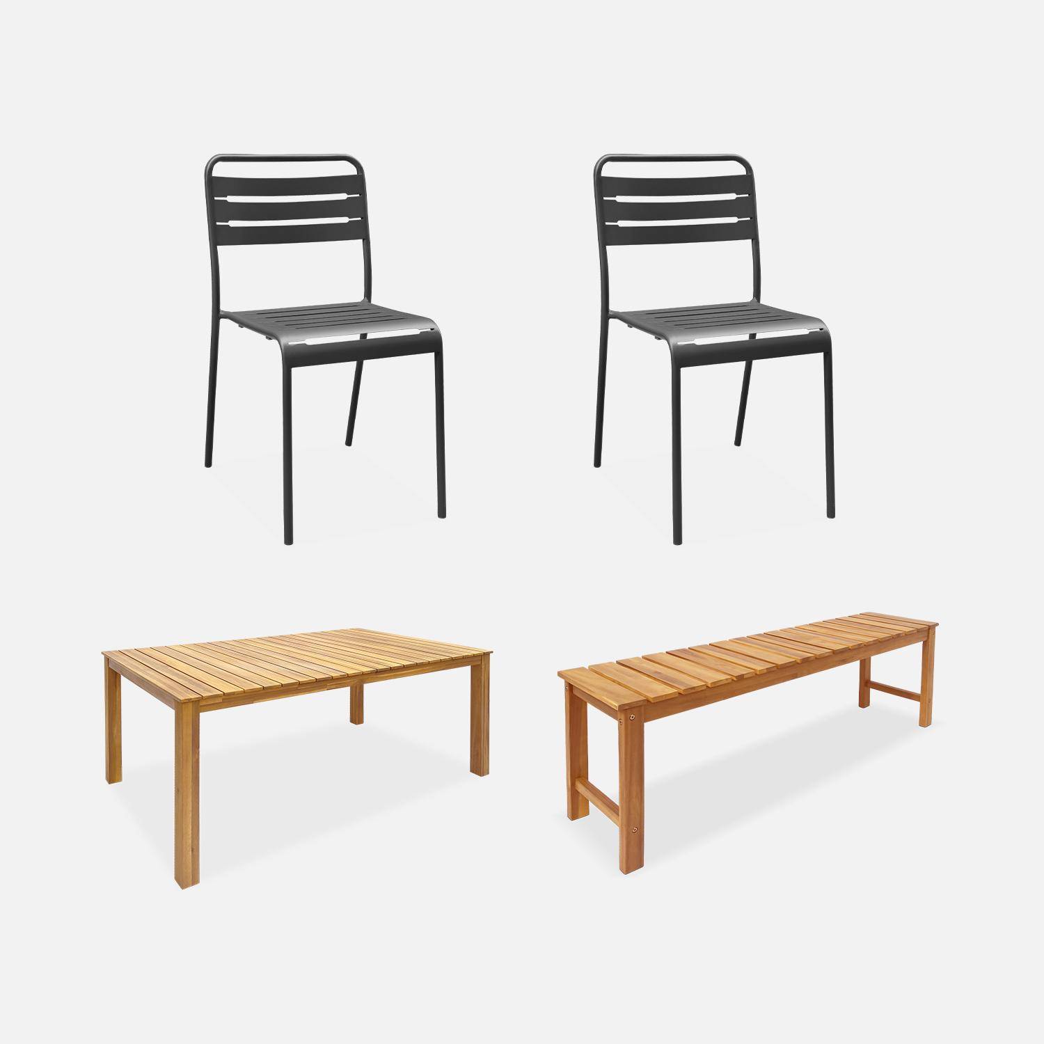 Table intérieur/extérieur en bois d'acacia clair 160cm + 2 bancs + 2 chaises en acier anthracite  Photo1
