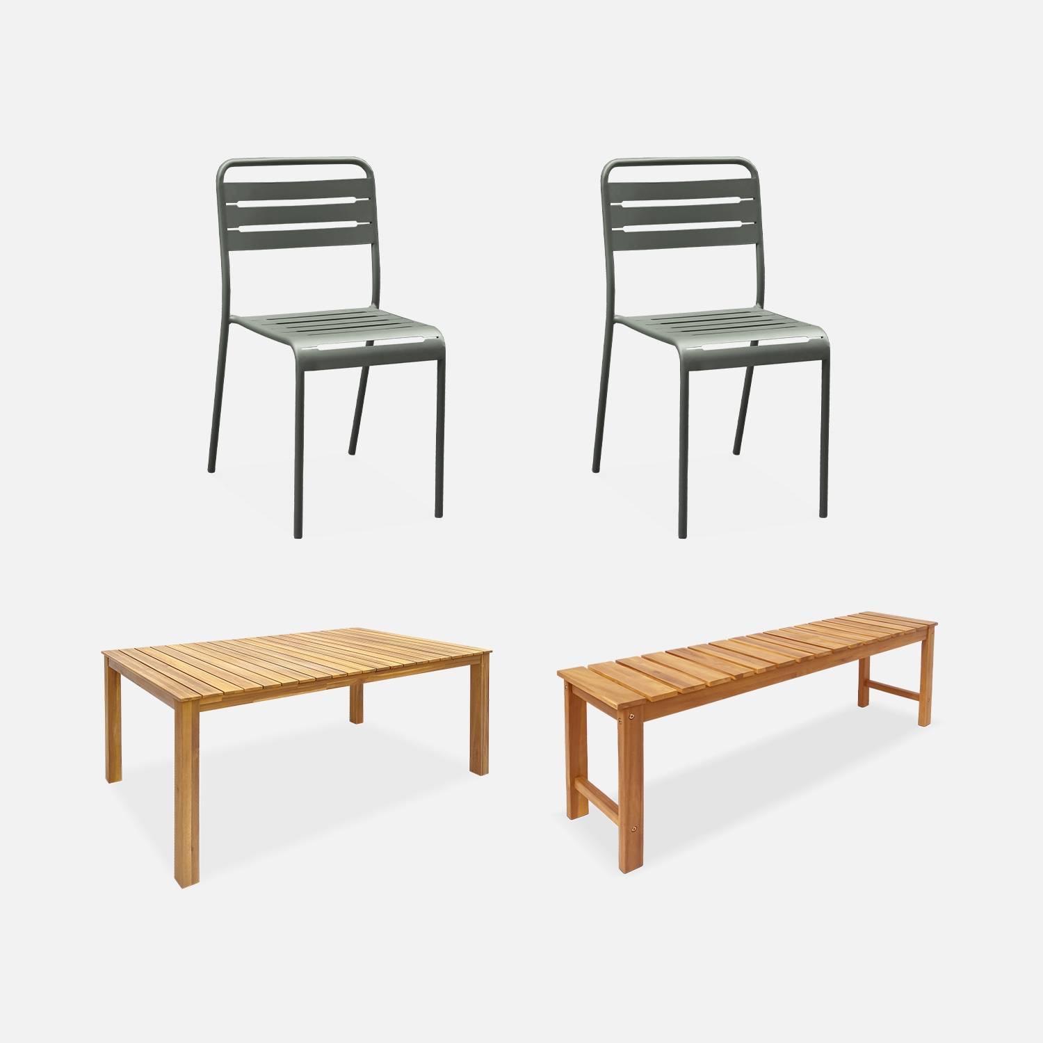 Table en bois  + 2 bancs + 2 chaises kaki I sweeek