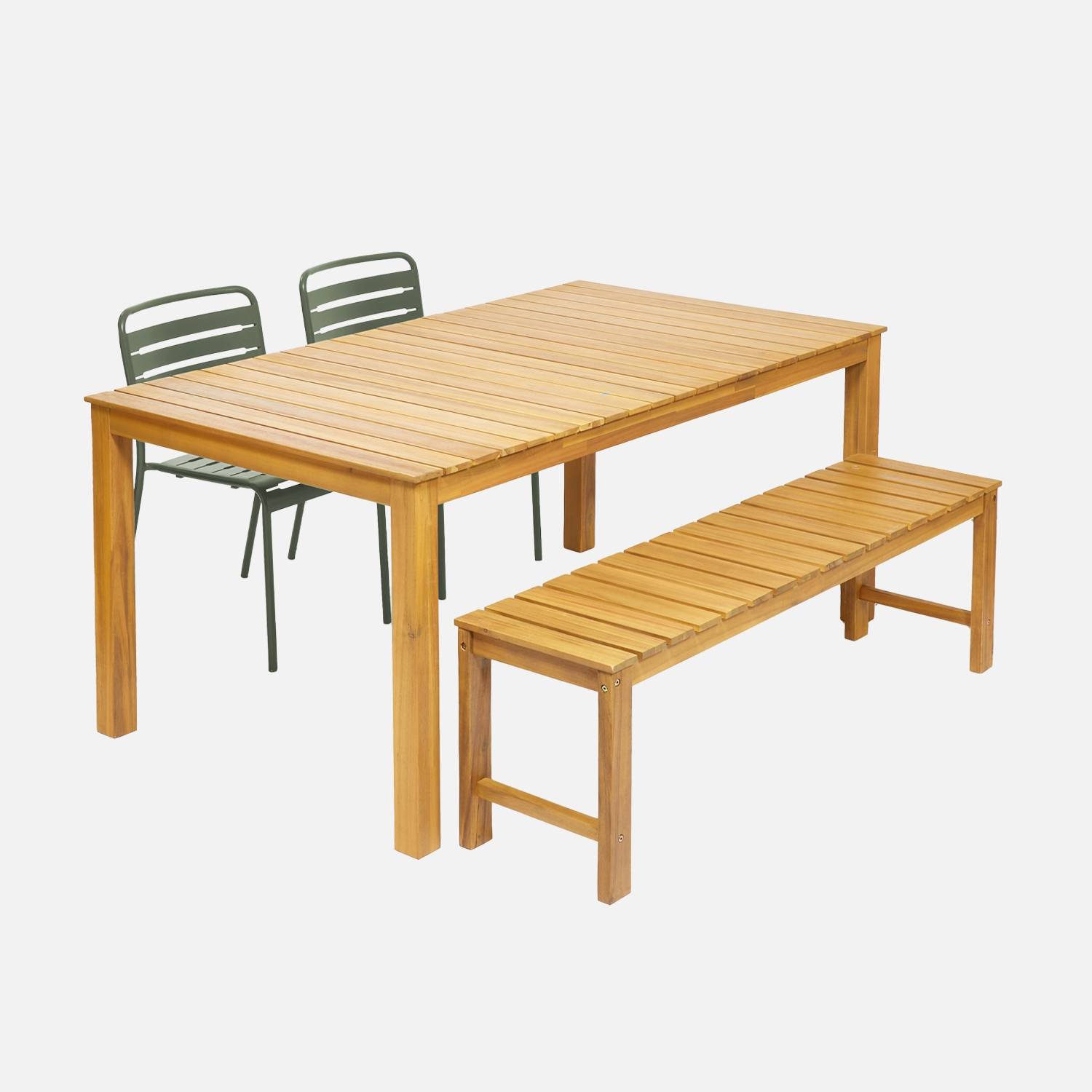 4-6 seater acacia wooden table with 2 benches and 2 steel chairs, Khaki Green