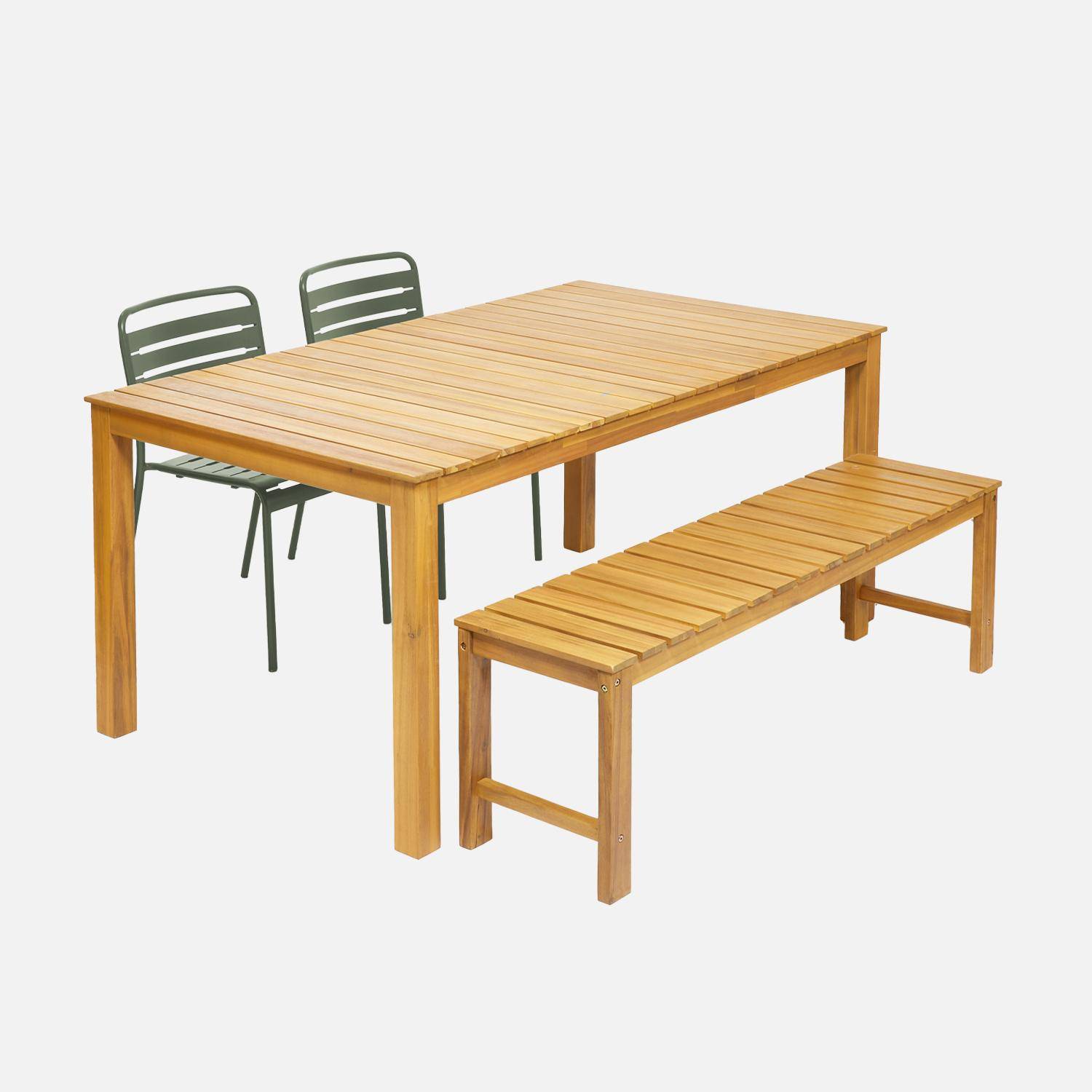4-6 seater acacia wooden table with 2 benches and 2 steel chairs, Cartama + Amelia, Khaki Green, 160x90x75 cm Photo2