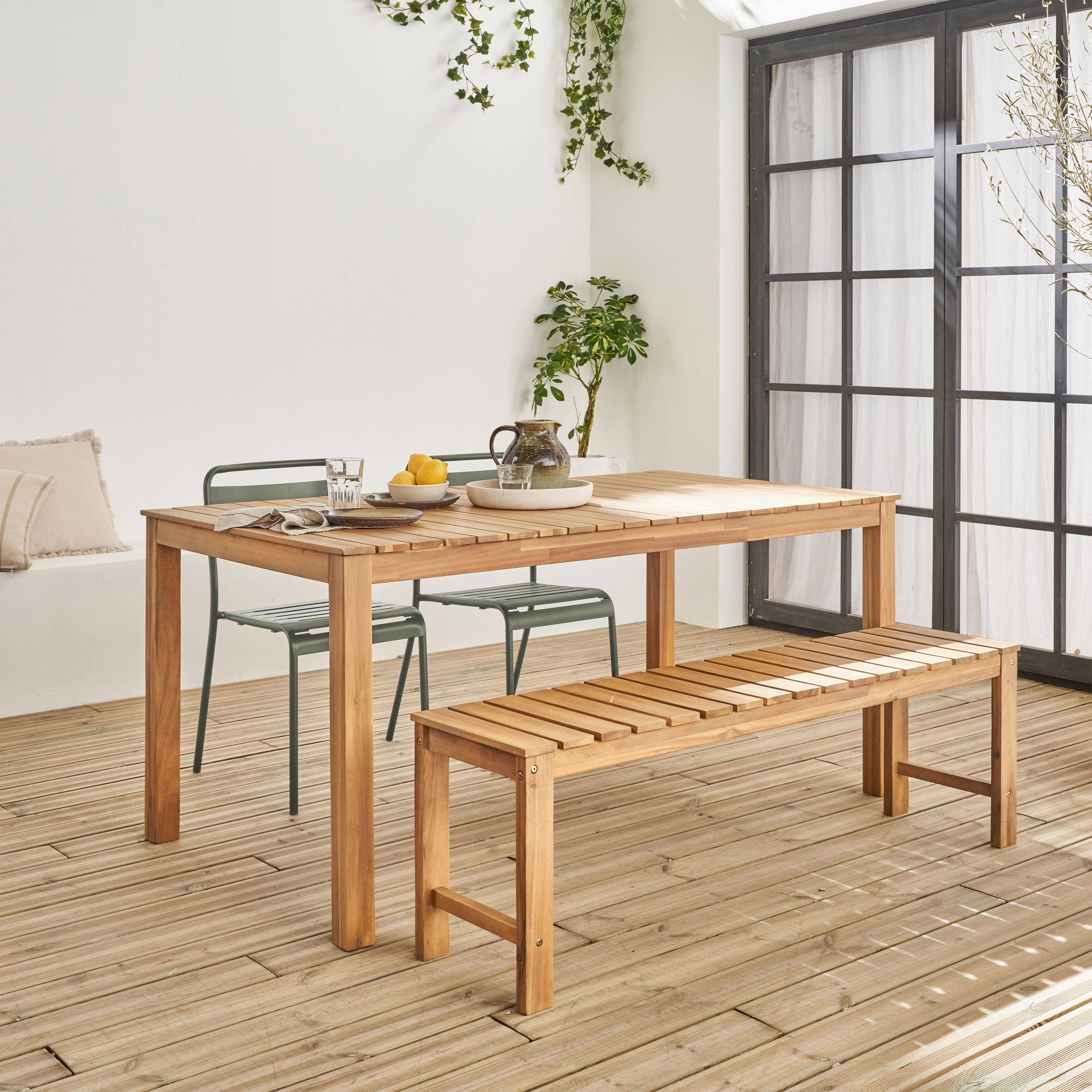 4-6 seater acacia wooden table with 2 benches and 2 steel chairs, Cartama + Amelia, Khaki Green, 160x90x75 cm Photo1