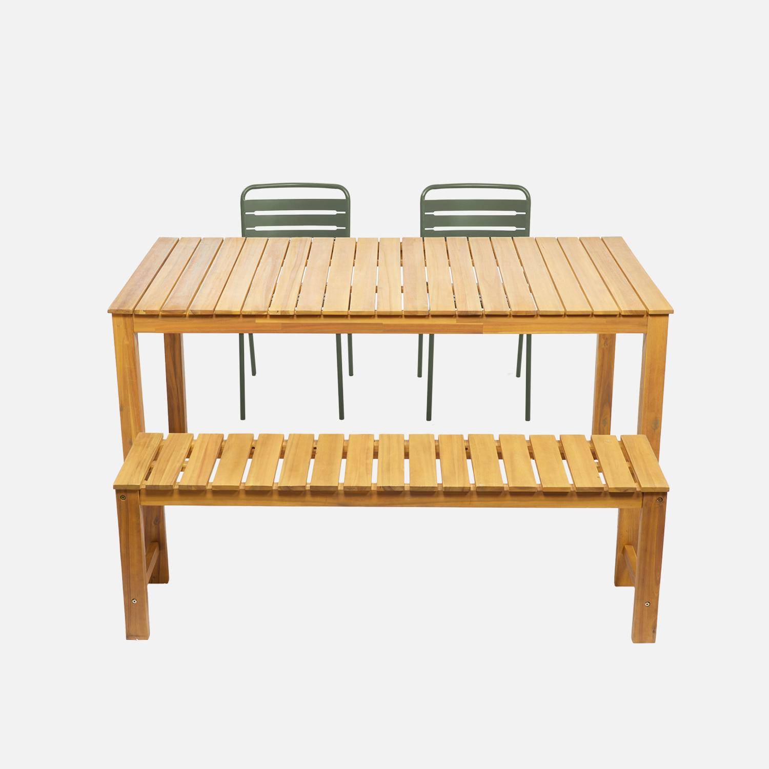 4-6 seater acacia wooden table with 2 benches and 2 steel chairs, Cartama + Amelia, Khaki Green, 160x90x75 cm Photo8