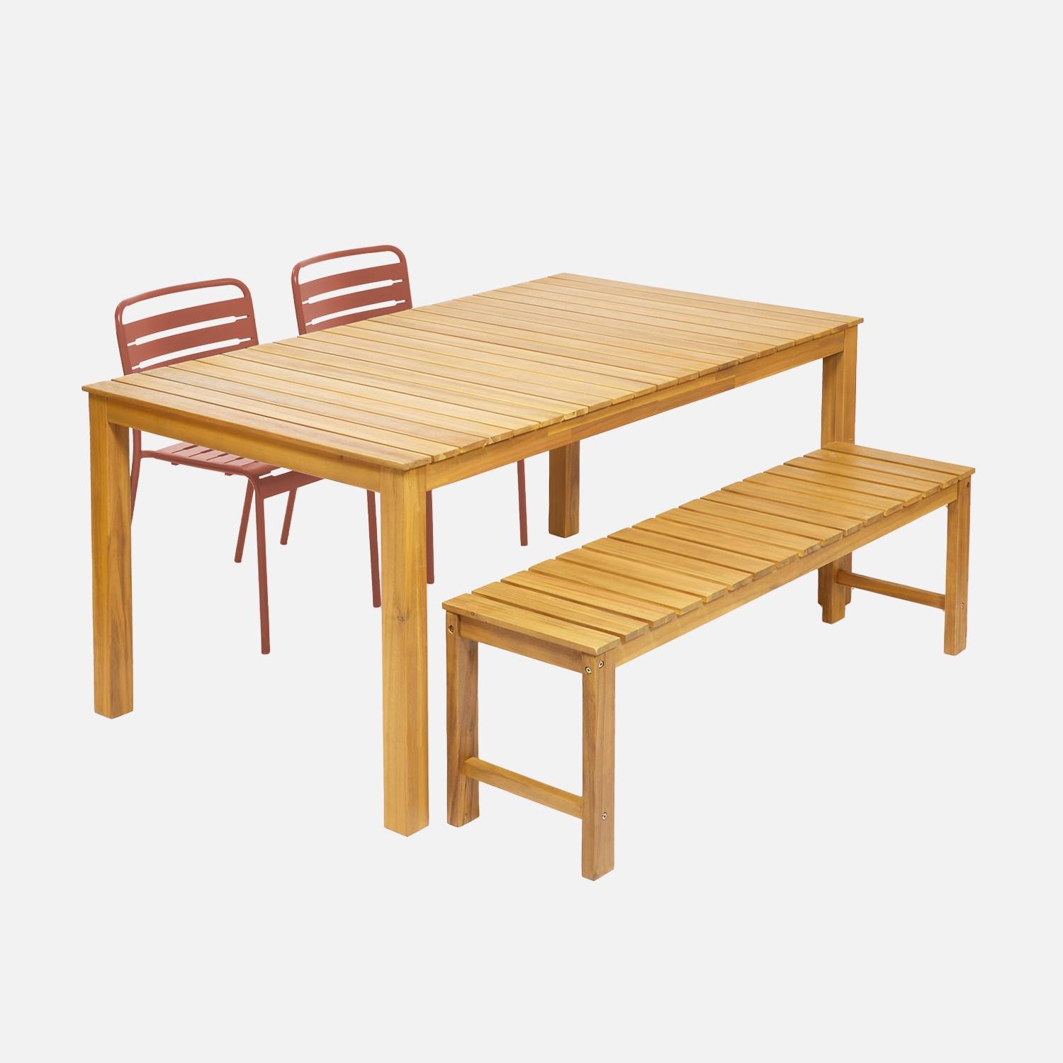4-6 seater acacia wooden table with 2 benches and 2 steel chairs, Terracotta