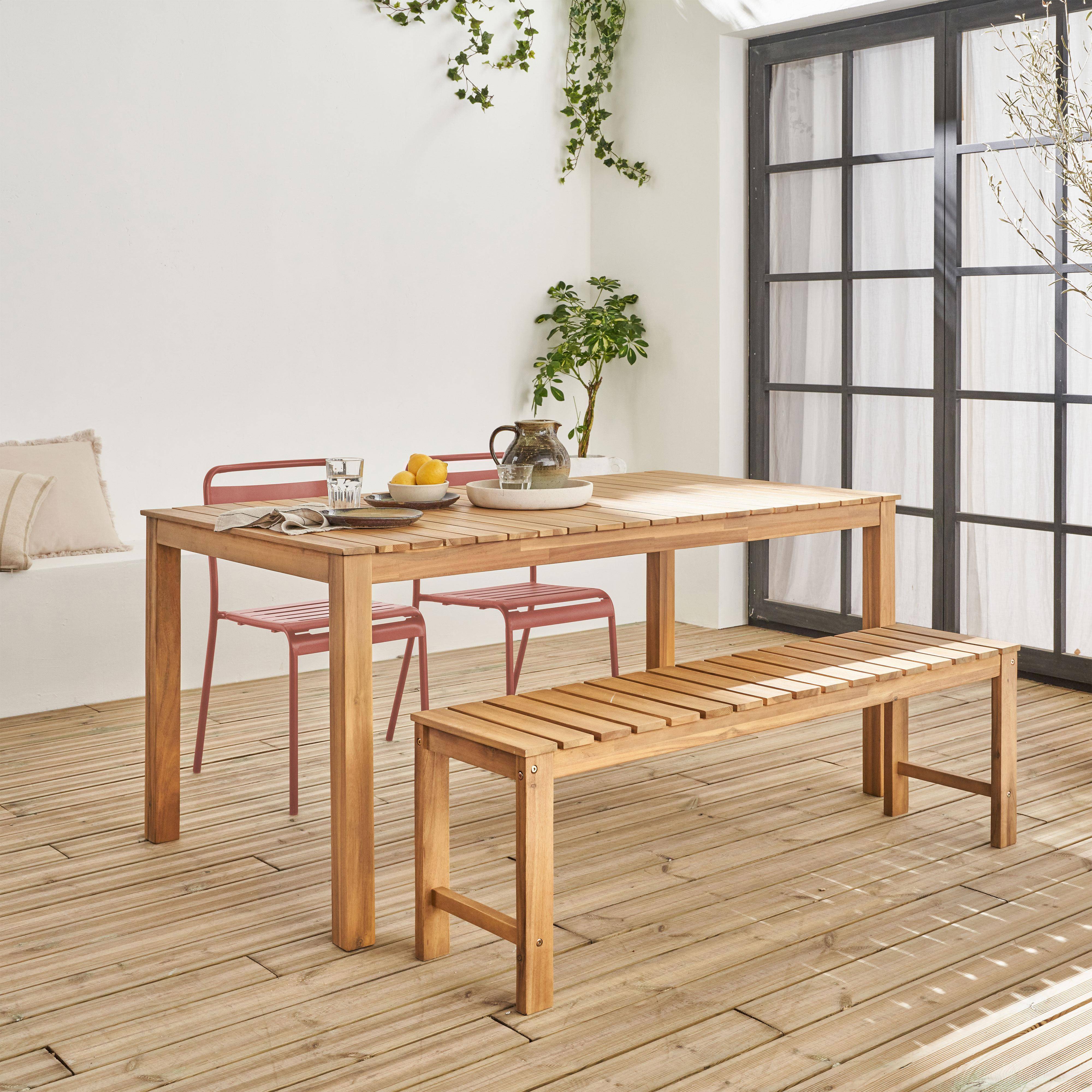4-6 seater acacia wooden table with 2 benches and 2 steel chairs, Cartama + Amelia, Terracotta, 160x90x75 cm,sweeek,Photo1
