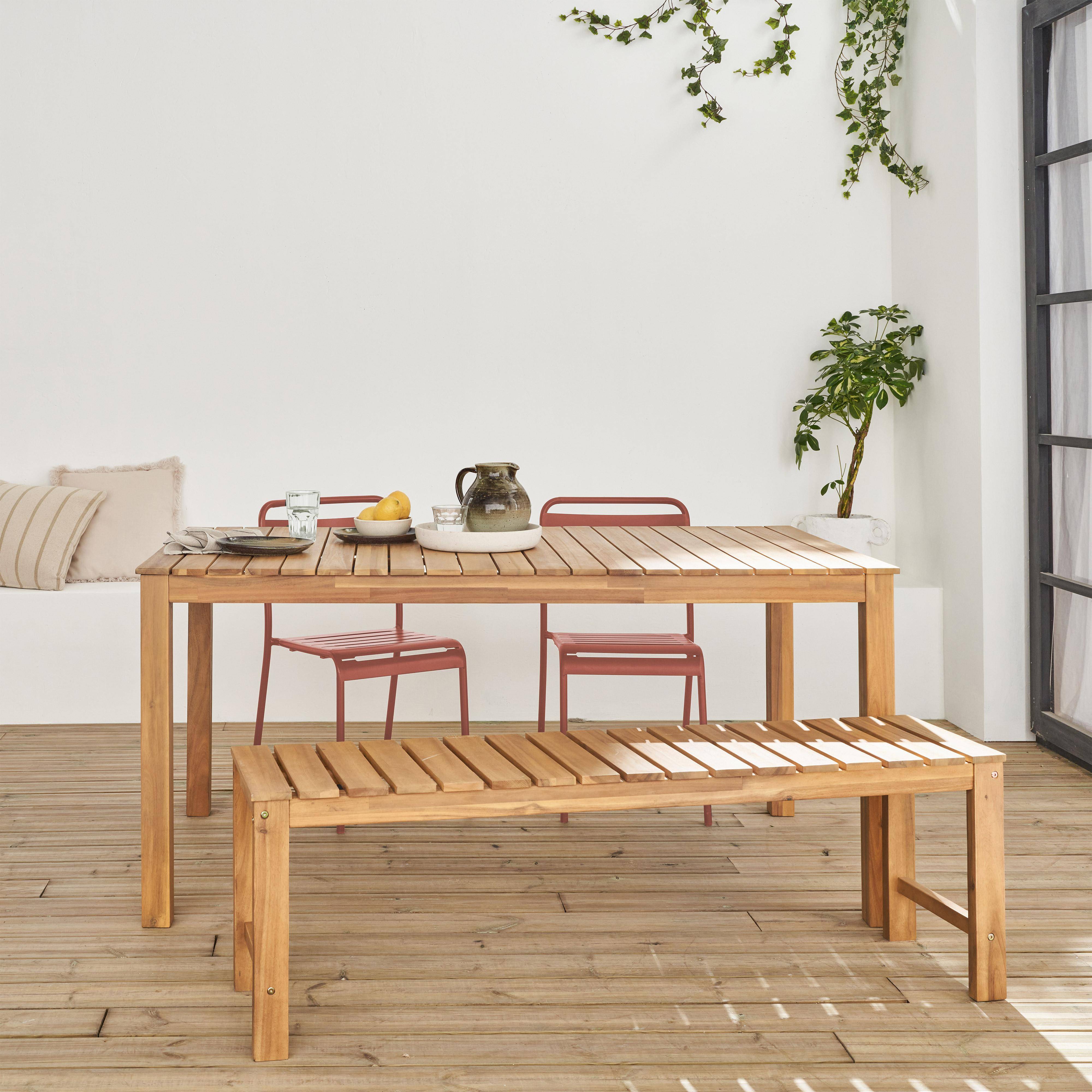 4-6 seater acacia wooden table with 2 benches and 2 steel chairs, Cartama + Amelia, Terracotta, 160x90x75 cm,sweeek,Photo2