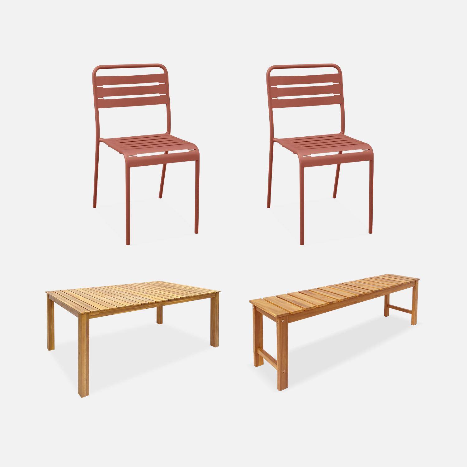 Table intérieur/extérieur en bois d'acacia clair 160cm + 2 bancs + 2 chaises en acier terracotta,sweeek,Photo1