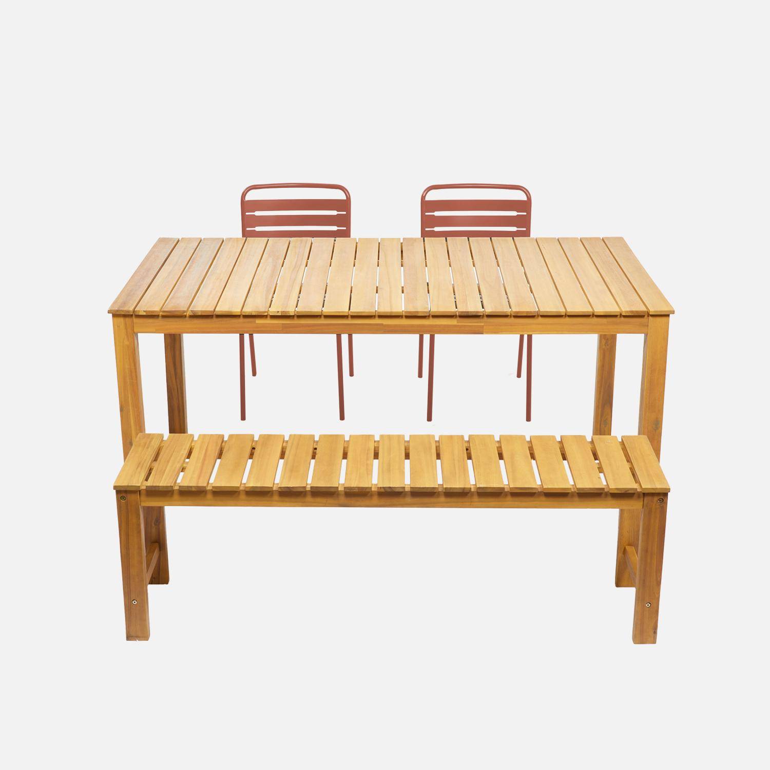 4-6 seater acacia wooden table with 2 benches and 2 steel chairs, Cartama + Amelia, Terracotta, 160x90x75 cm,sweeek,Photo4