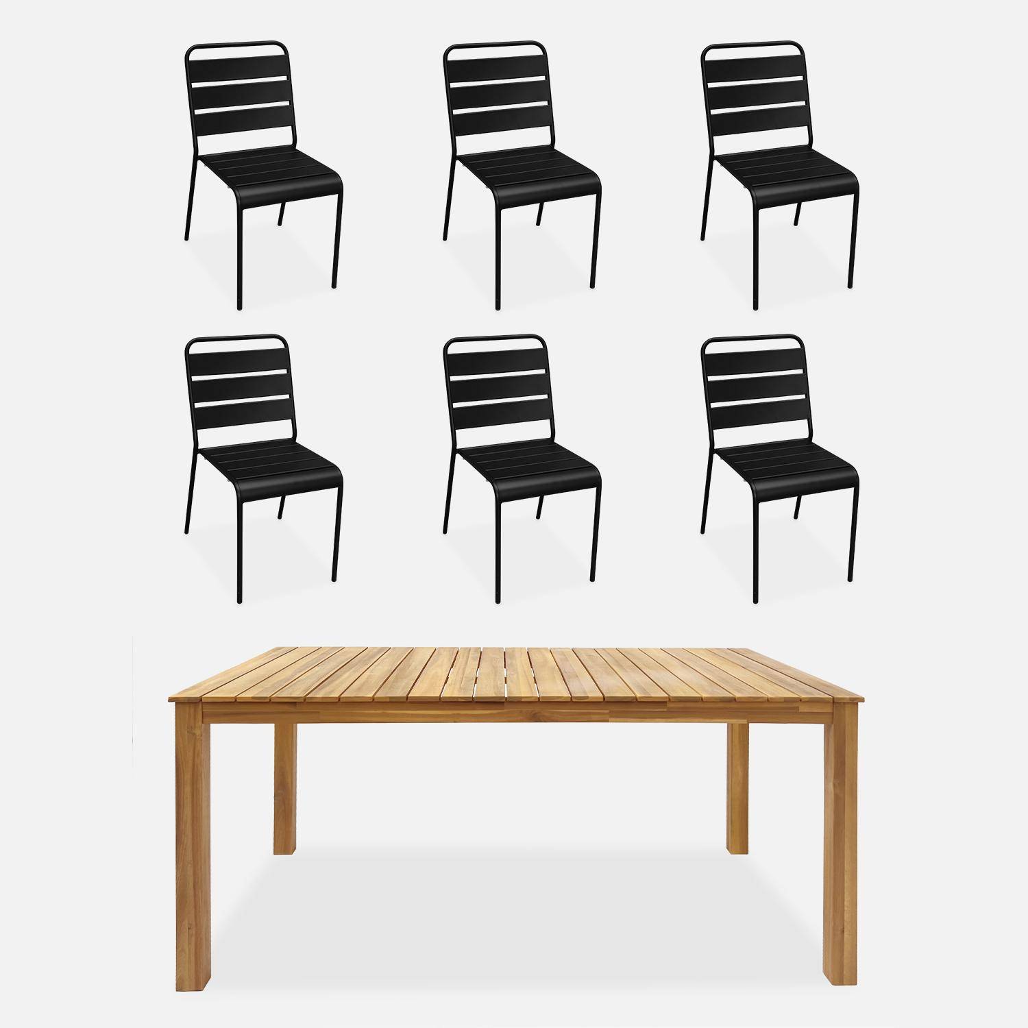 Table intérieur / extérieur bois d'acacia + 6 chaises empilables en métal noir,sweeek,Photo1