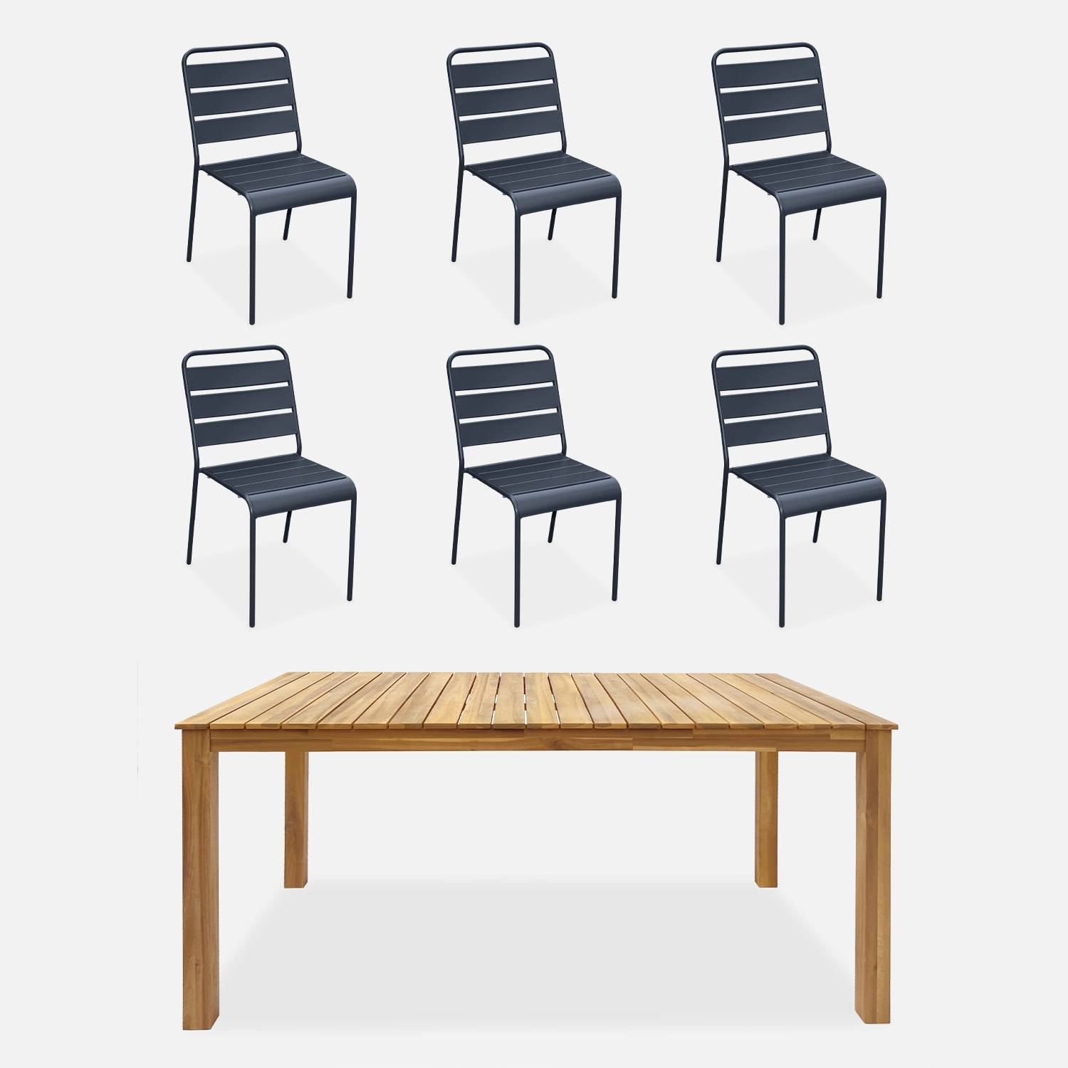 Table bois d'acacia + 6 chaises empilables gris I sweeek