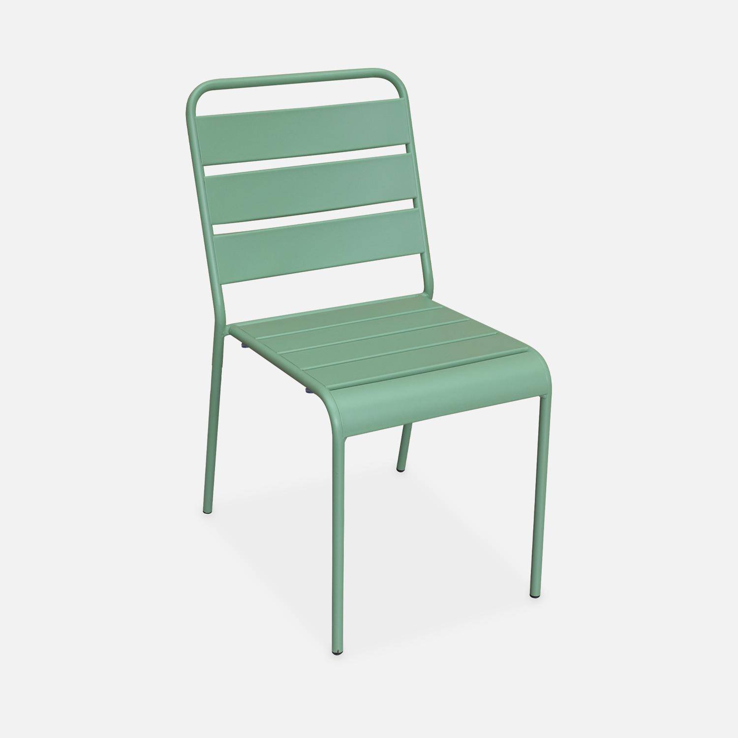 Table intérieur / extérieur bois d'acacia + 6 chaises empilables en métal vert jade Photo3