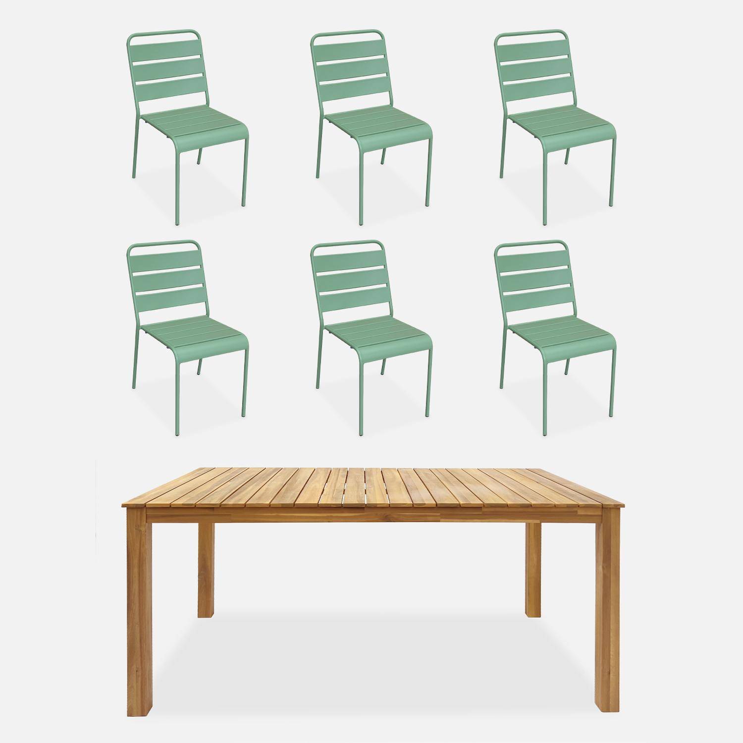 Table intérieur / extérieur bois d'acacia + 6 chaises empilables en métal vert jade,sweeek,Photo1