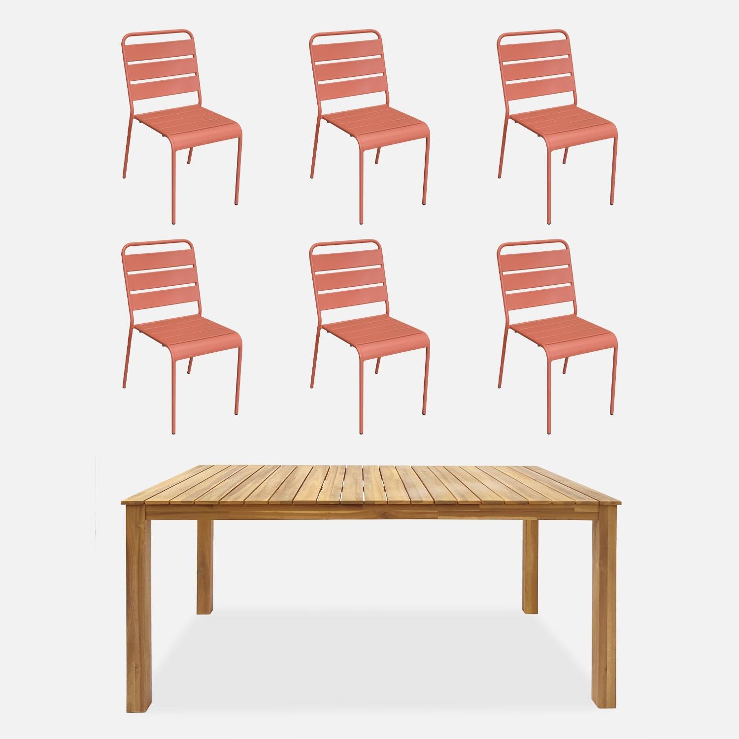 Table bois d'acacia + 6 chaises empilables rose I sweeek
