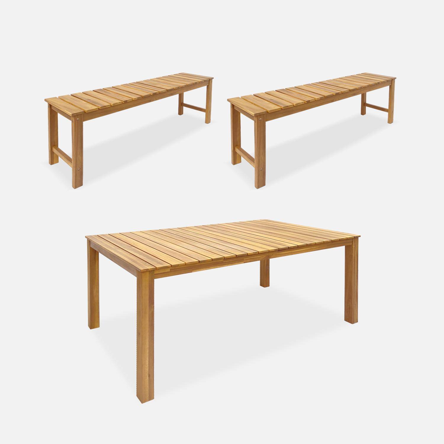 Table intérieur/extérieur en bois d'acacia clair 160cm + 2 bancs ,sweeek,Photo1