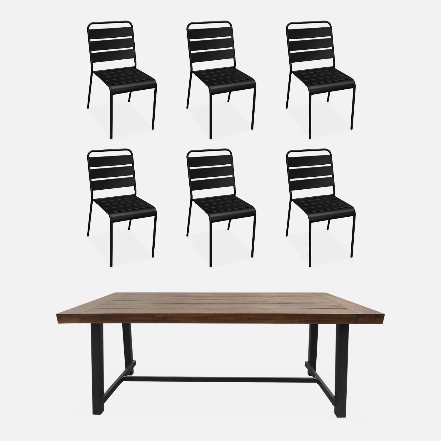 Table intérieur / extérieur bois et métal, 190cm + 6 chaises en métal empilables,sweeek,Photo1