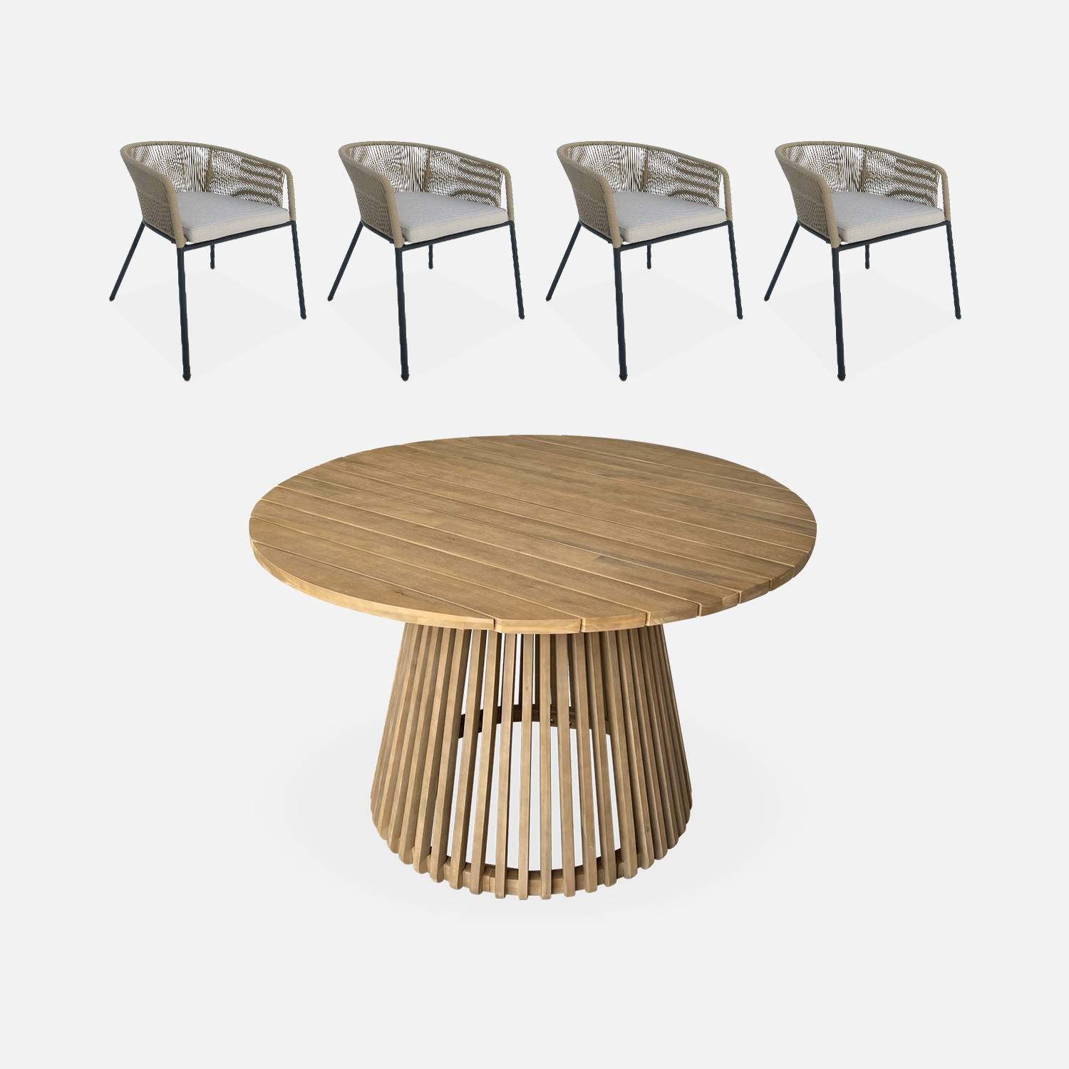 Mesa de comedor redonda de madera, interior/exterior + 4 sillones de cuerda y acero, Beige