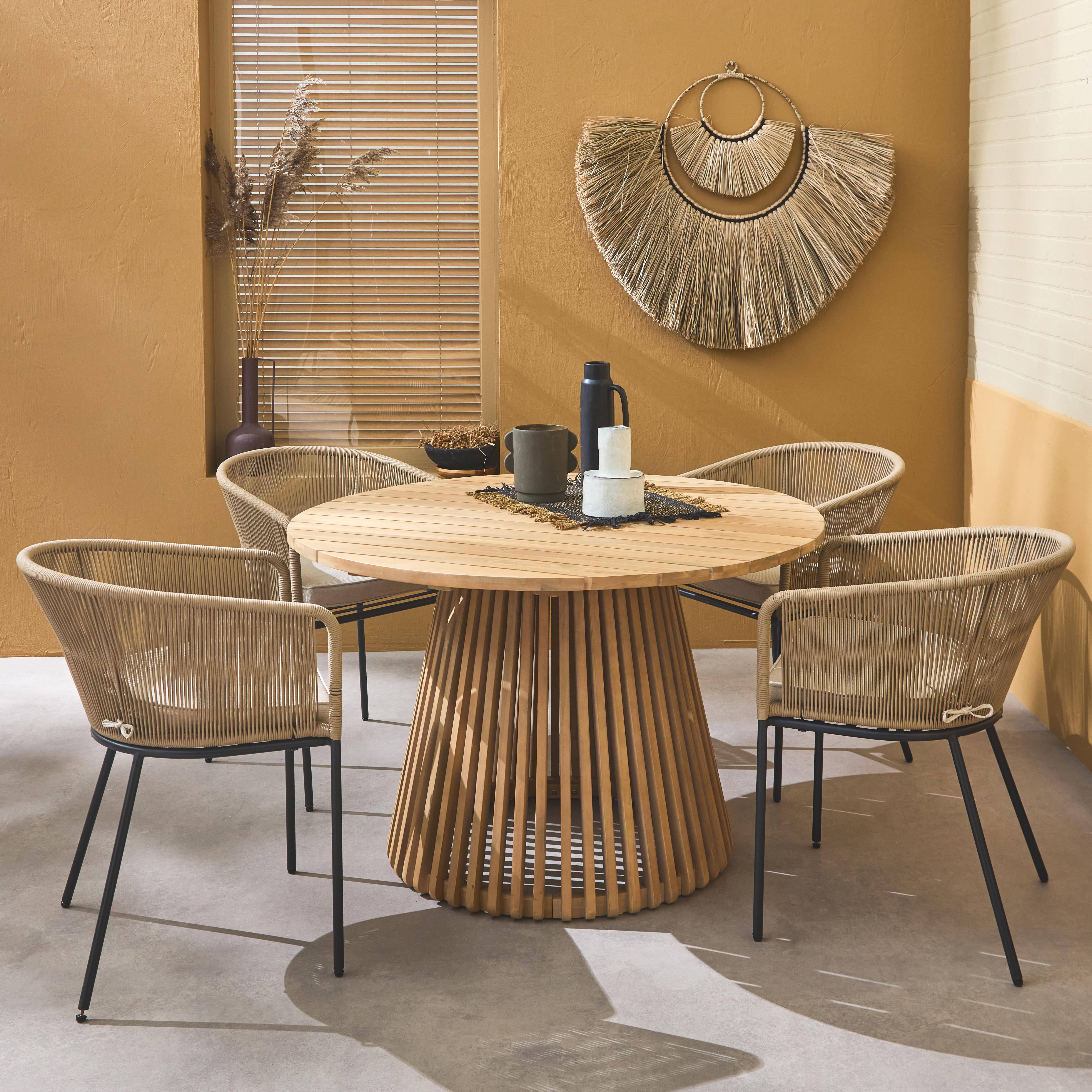 Table à manger bois d'acacia ronde, intérieur / extérieur + 4 fauteuils en corde beige et acier,sweeek,Photo2