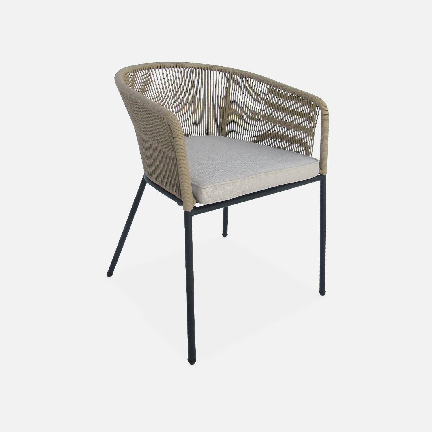 Table à manger bois d'acacia ronde, intérieur / extérieur + 4 fauteuils en corde beige et acier,sweeek,Photo6