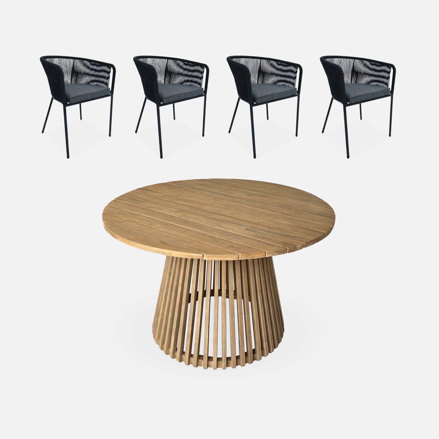 Mesa de comedor redonda de madera, interior/exterior + 4 sillones de cuerda y acero, Negro